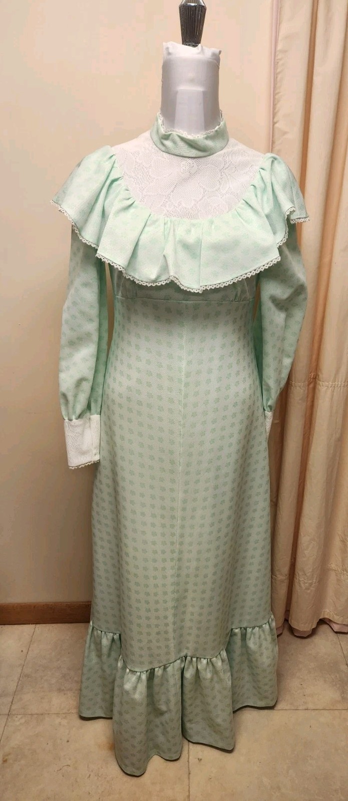 VTG 70s Handmade Prairie Cottage Core Gree Floral Pattern Maxi Dress*sz10*EUC