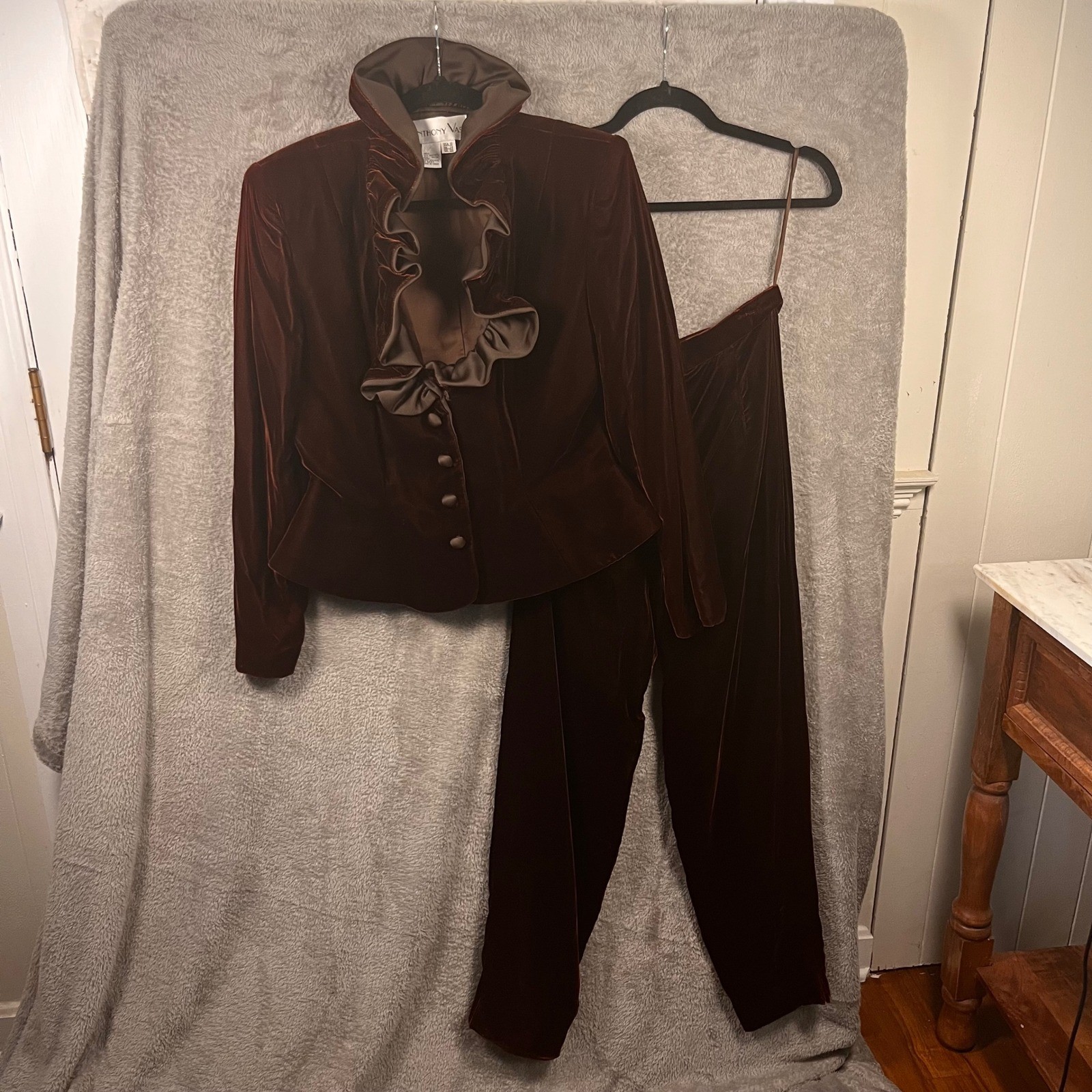 Vintage Velvet Pant Suit Ruffle Portrait Collar Bridgerton Renfair 2pc As Is