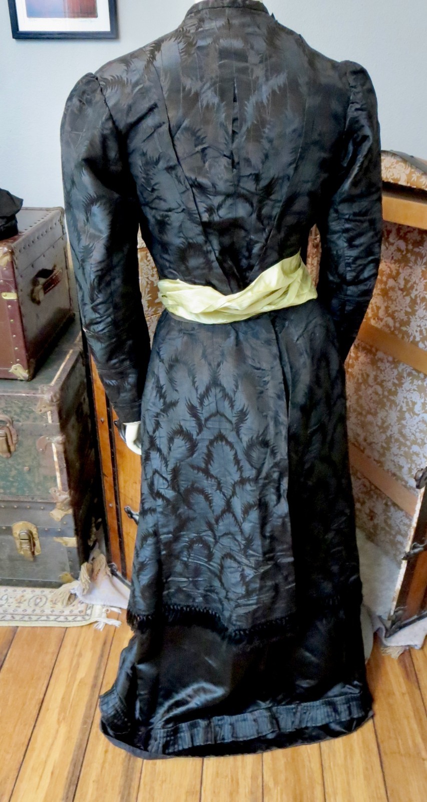 Antique 1860s Black Silk Mourning Dress Fern Pattern Fringe & Ruffle 2 Piece