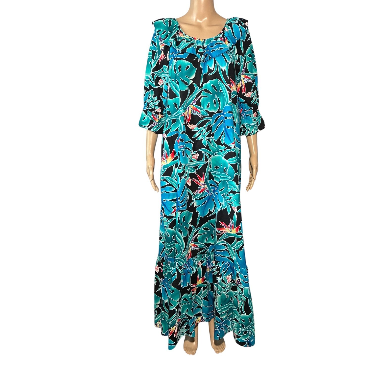 Vintage Hilo Hattie Maxi Full Length Dress M 100% Cotton Hawaiian Ruffle Flowy
