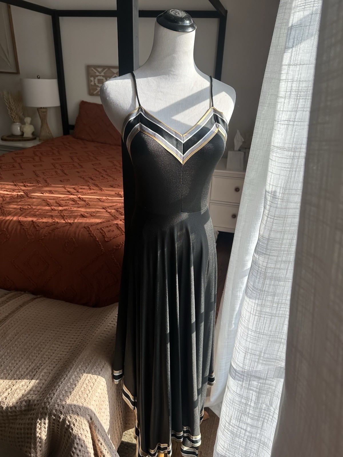 Vintage 70’s Black Nylon Handkerchief Dress Contrasting Trim Size Small