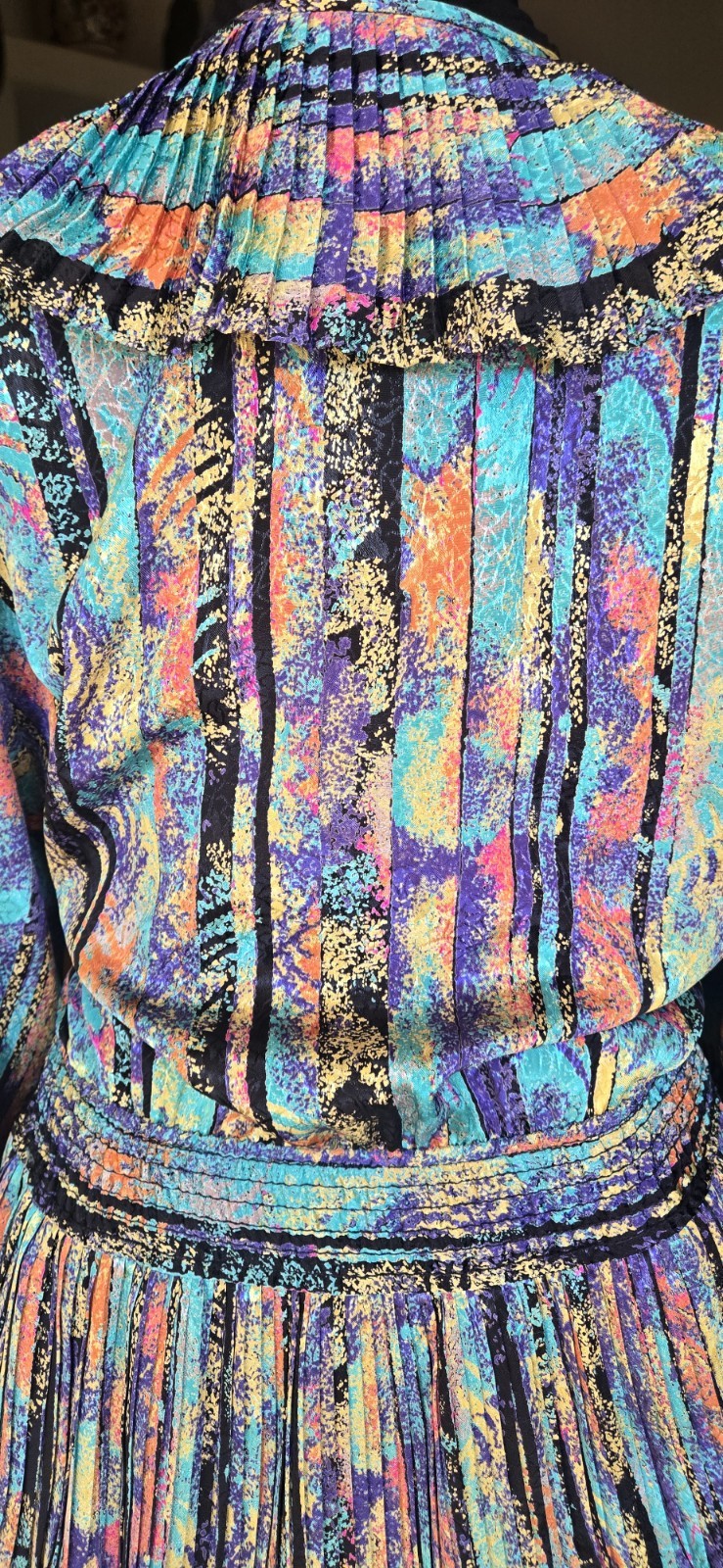 1980s SUSAN FREIS GEORGETTE Ruffled Pleated Smocked Waist Poly Bohemian Dress M