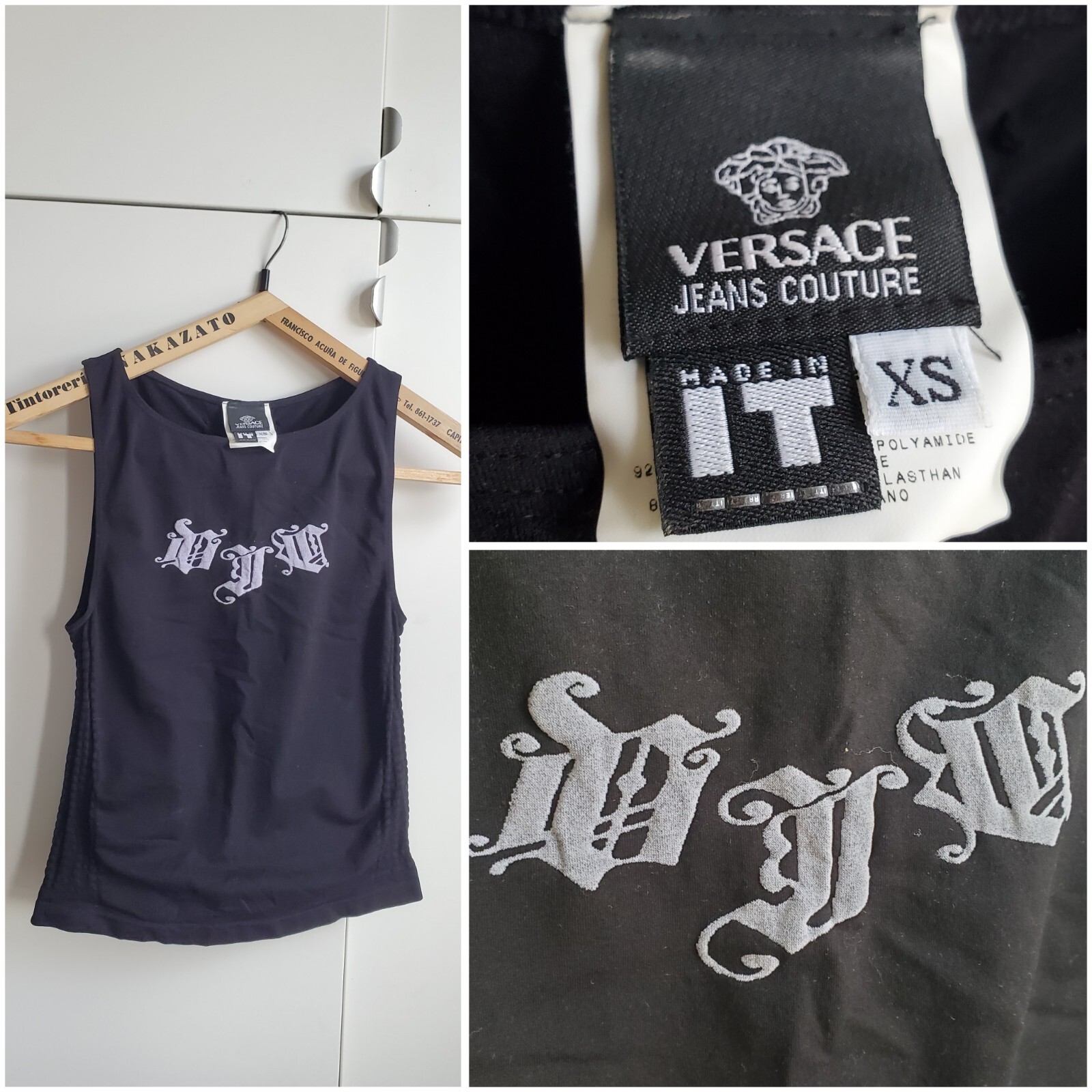 VTG 90s Y2K Versace Jeans Couture Top Black Logo Whimsigoth Moto Iconic Ed Hardy