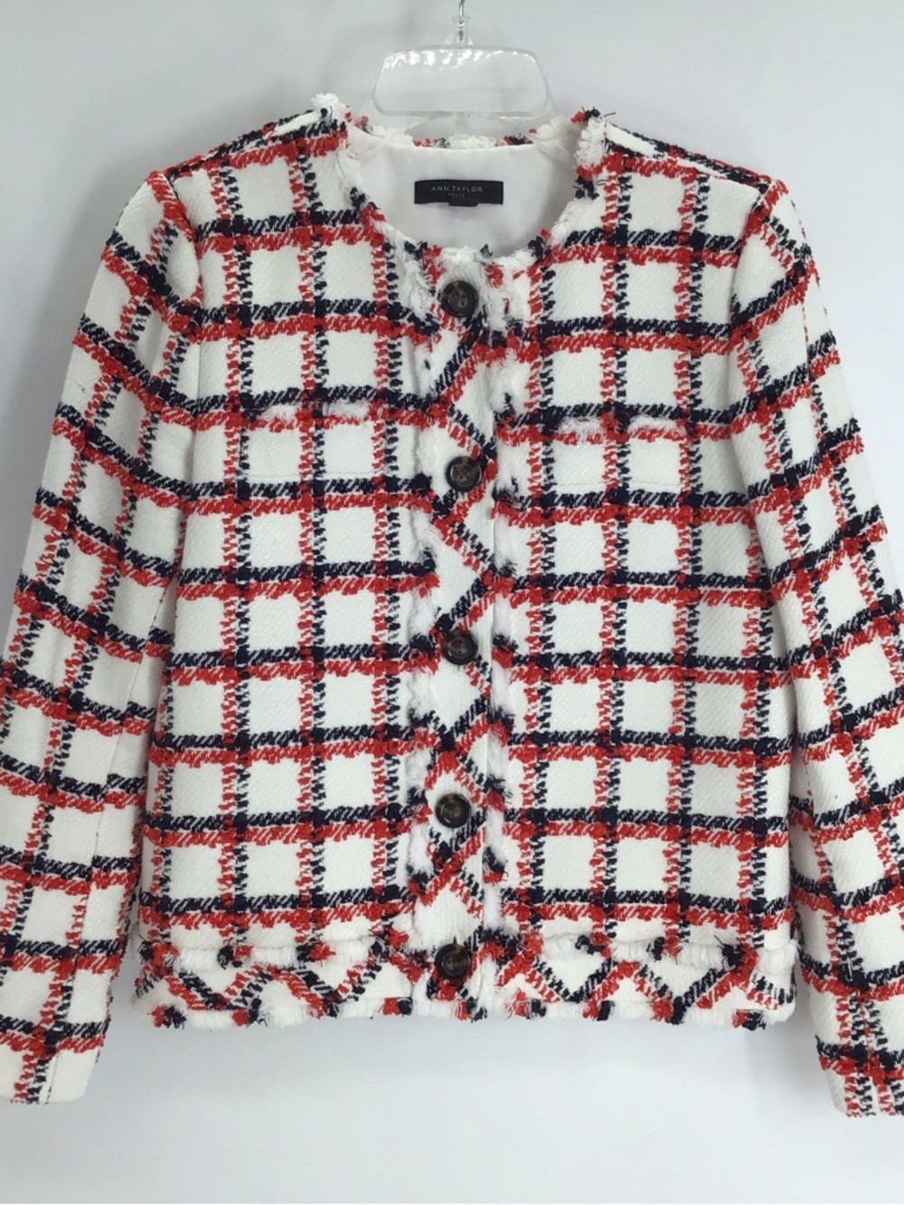 Ann Taylor Plaid Fringe Tweed Button-Up Blazer Jacket Red/White/Navy Size 4P