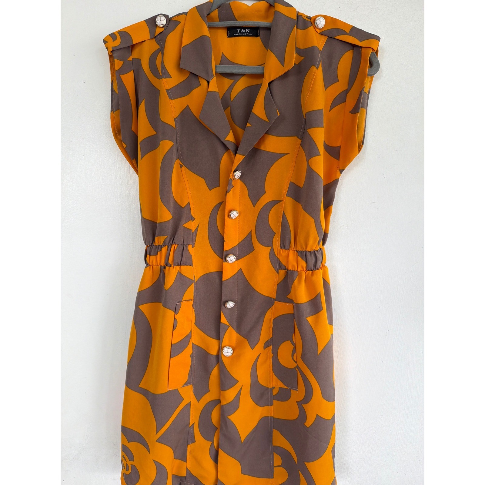 Vintage T&N Abstract Print Dress Mustard Gold Taupe Retro 80s Dress