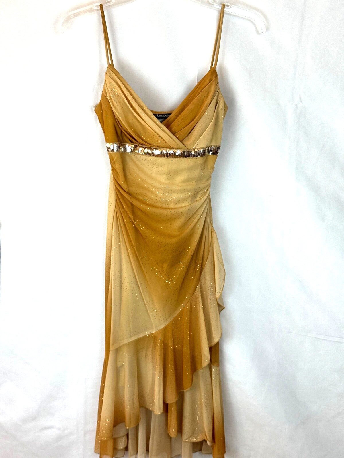 City Triangles-wm sz M vtg 82 disco style dress cascade ruffles brown gold ombre