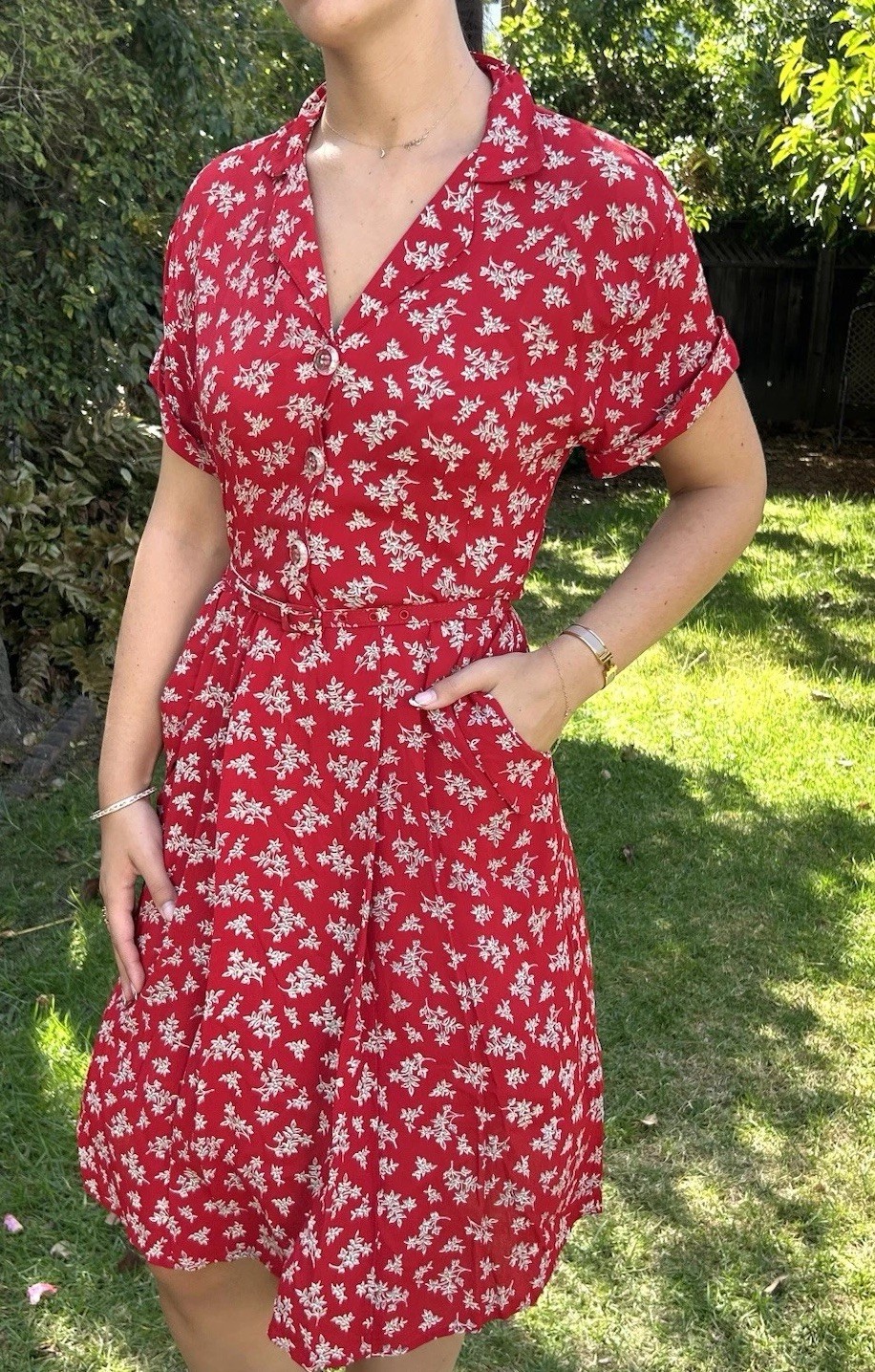 Vintage 90s Autumn Moon S M Rayon Belted Dress Pockets Red Floral USA Retro 50s