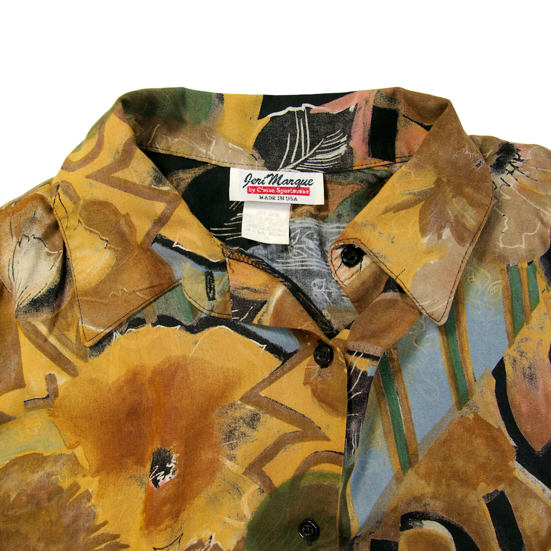 Vintage Jeri Maruqe C’mon Sportswear Shirt Rayon Long Sleeve Earth Brown Floral