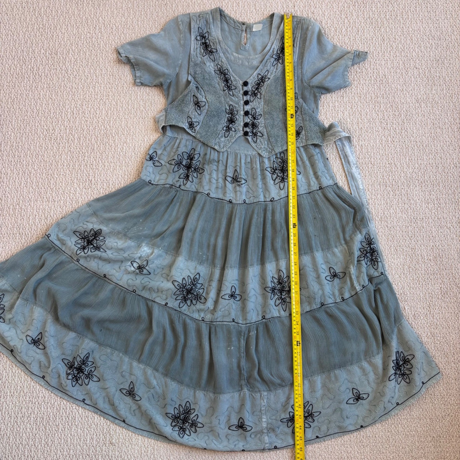 Vintage Cottage Blue Grey Embroidered Tiered Midi Dress, Medium Boho Ren Faire