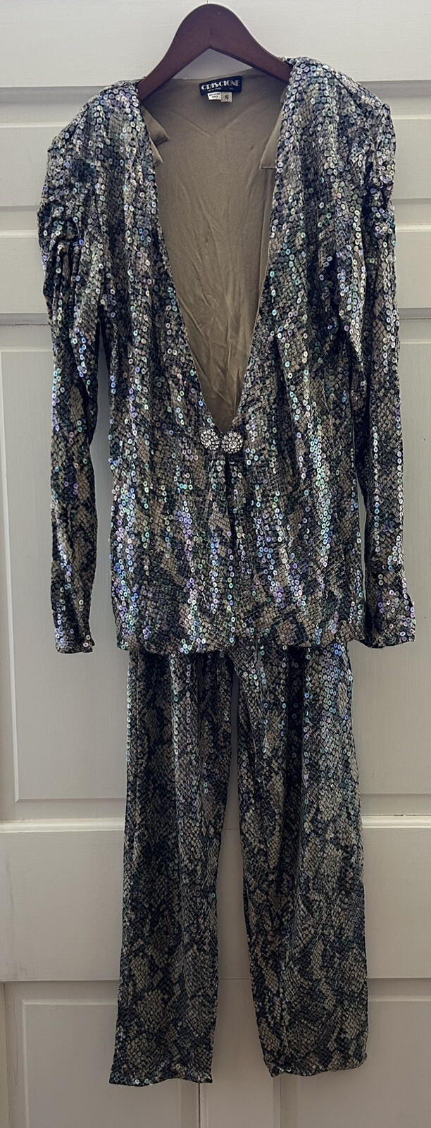 Vintage 80s Luxury Pant Suit Sz S Sequin Jersey Snakeskin Rhinestone CRISCIONE