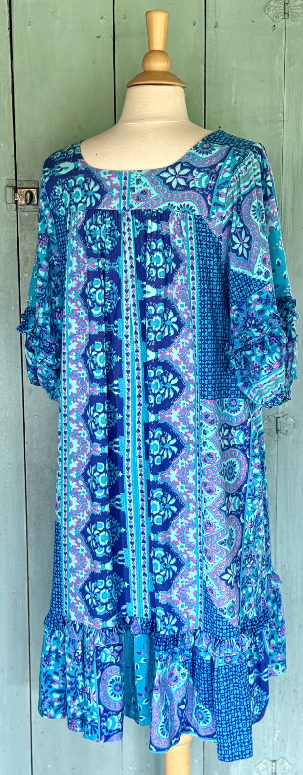 VTG Gerry CA Barkcloth Muumuu Patio Lounge Dress Rainbow Batik Psychedelic Mod M