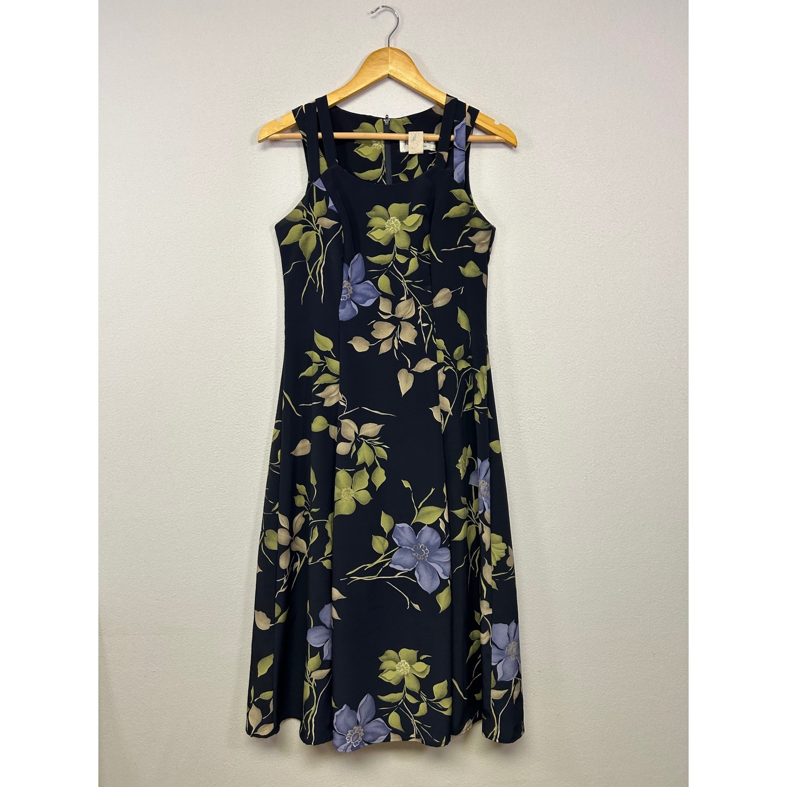 90s Vintage R.J. Stevens Petites Womens 6 Navy Blue Floral A-Line Midi Dress