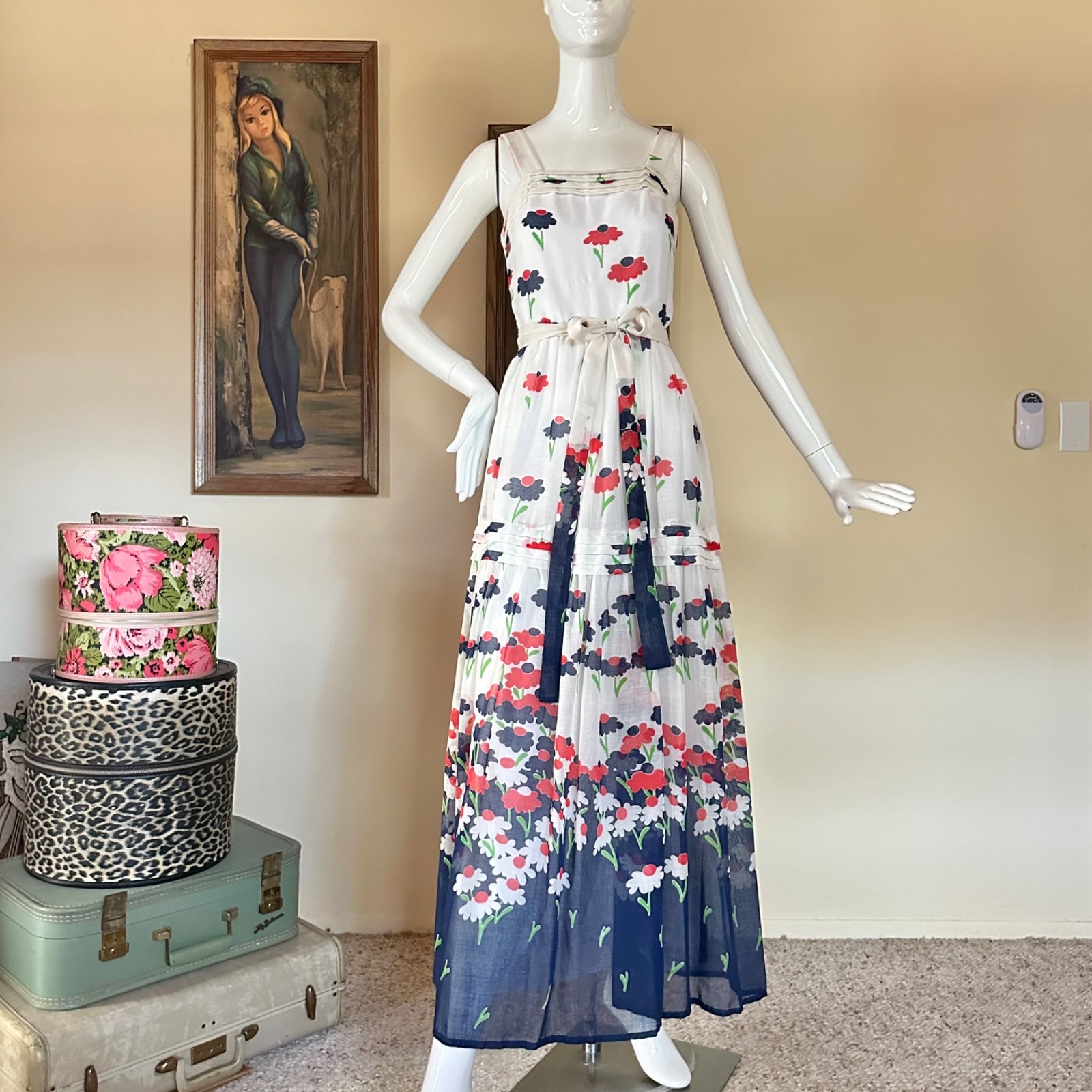 Vintage 1970s Hippie Daisy Garden Maxi Dress Red White & Blue Sundress S