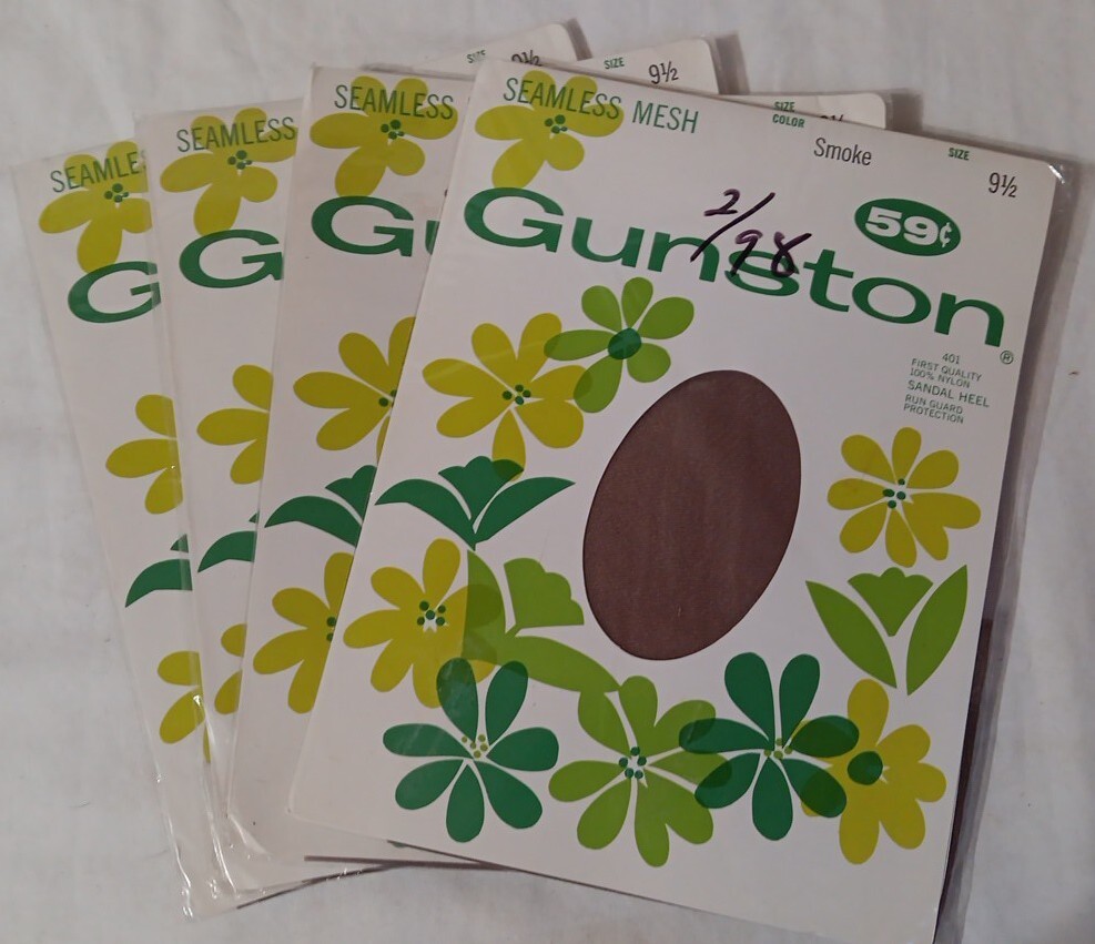 Vtg Gunston Nylon Pantyhose Sz 9.5 Seamless Mesh Smoke 4 Pkgs NOS 60’s