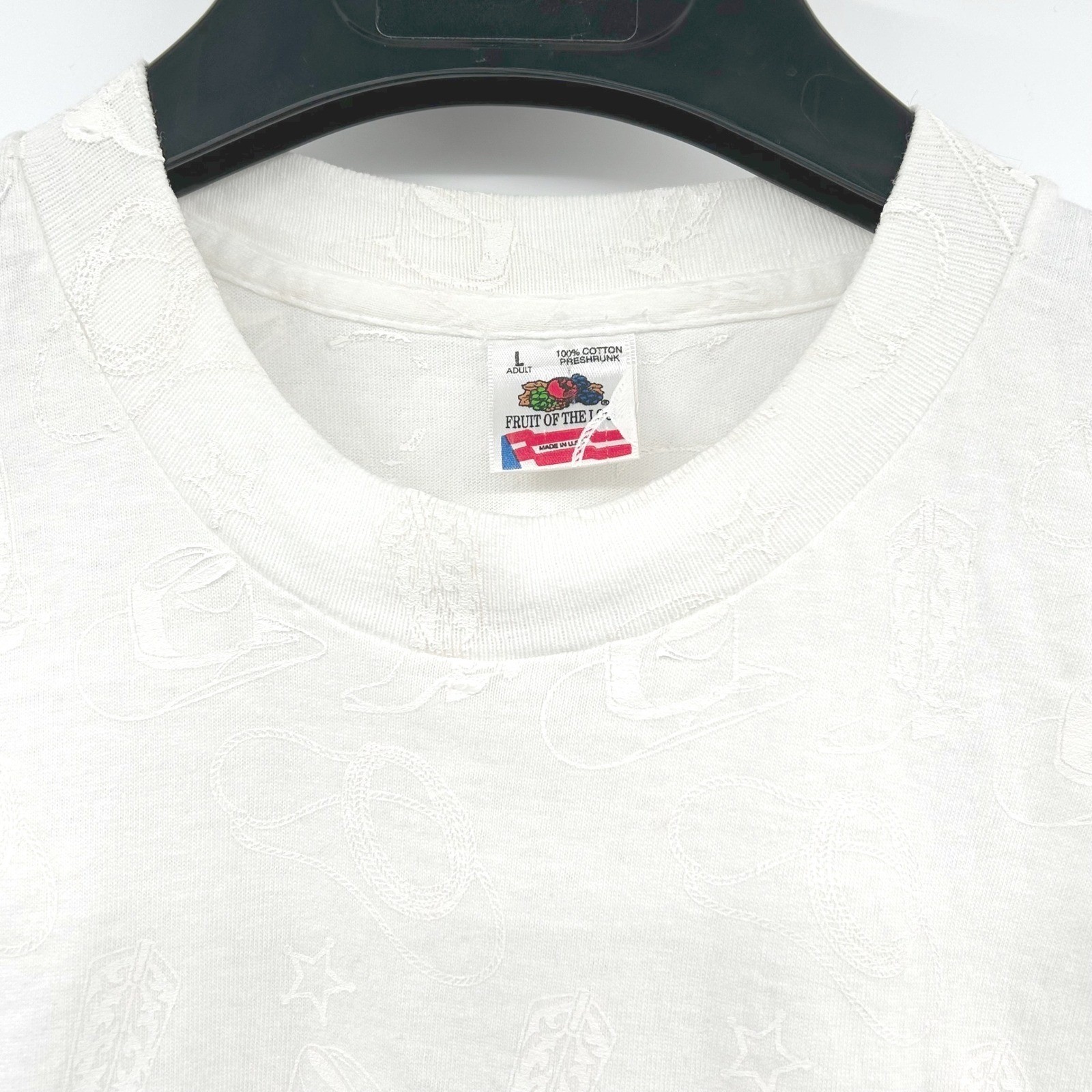 Womens Vtg 90s Western Fringe T-Shirt White Embossed Cowgirl Fruit of the Loom