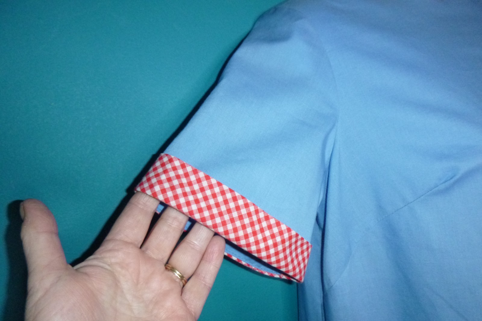 Vtg 60s Charmode House Dress Shift Blue W/ Red Gingham 3D Flower & Trim Sz S/M