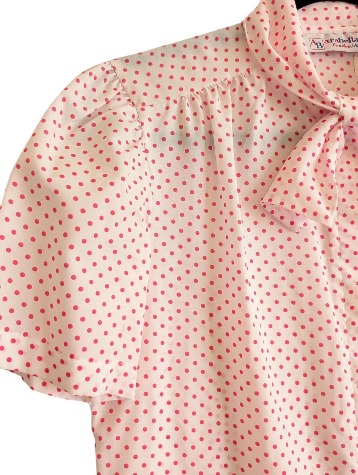 Vtg Arabella Blake Pink Polka Dot Bow Blouse Button Down Retro 70s