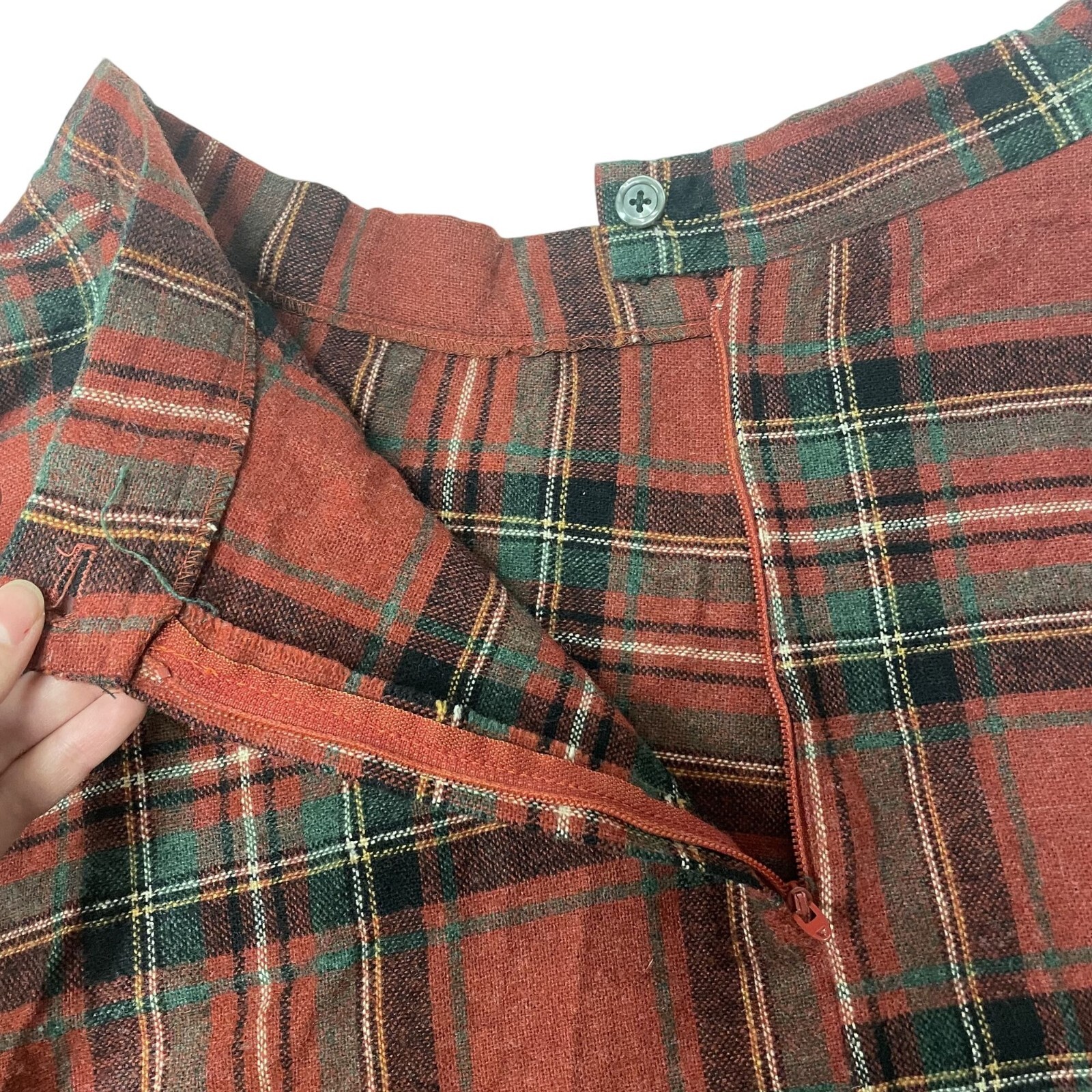 Vtg 60’s Red Green TARTAN MIDI Thick Wool Tweed MOD A Line Flared Skirt 28 XS