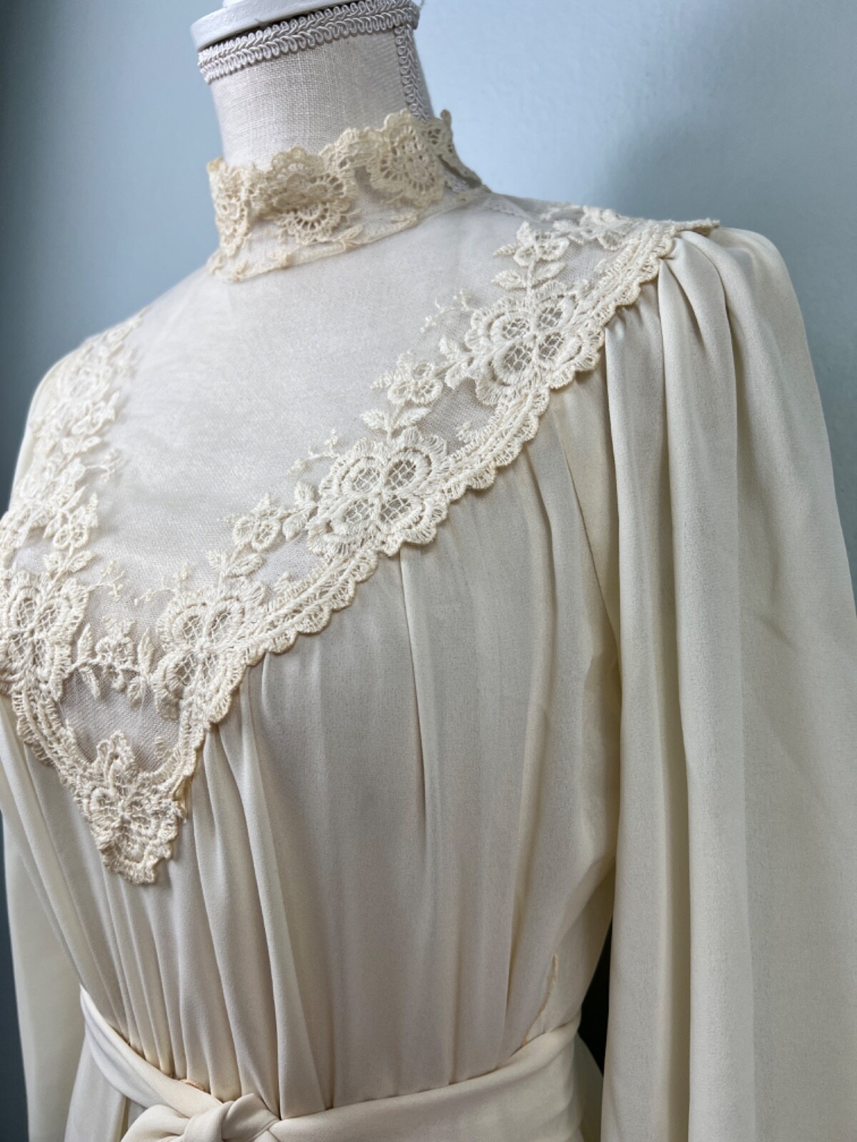 Vintage Cream Lace High Neck Maxi Dress Long Sleeve Victorian Style