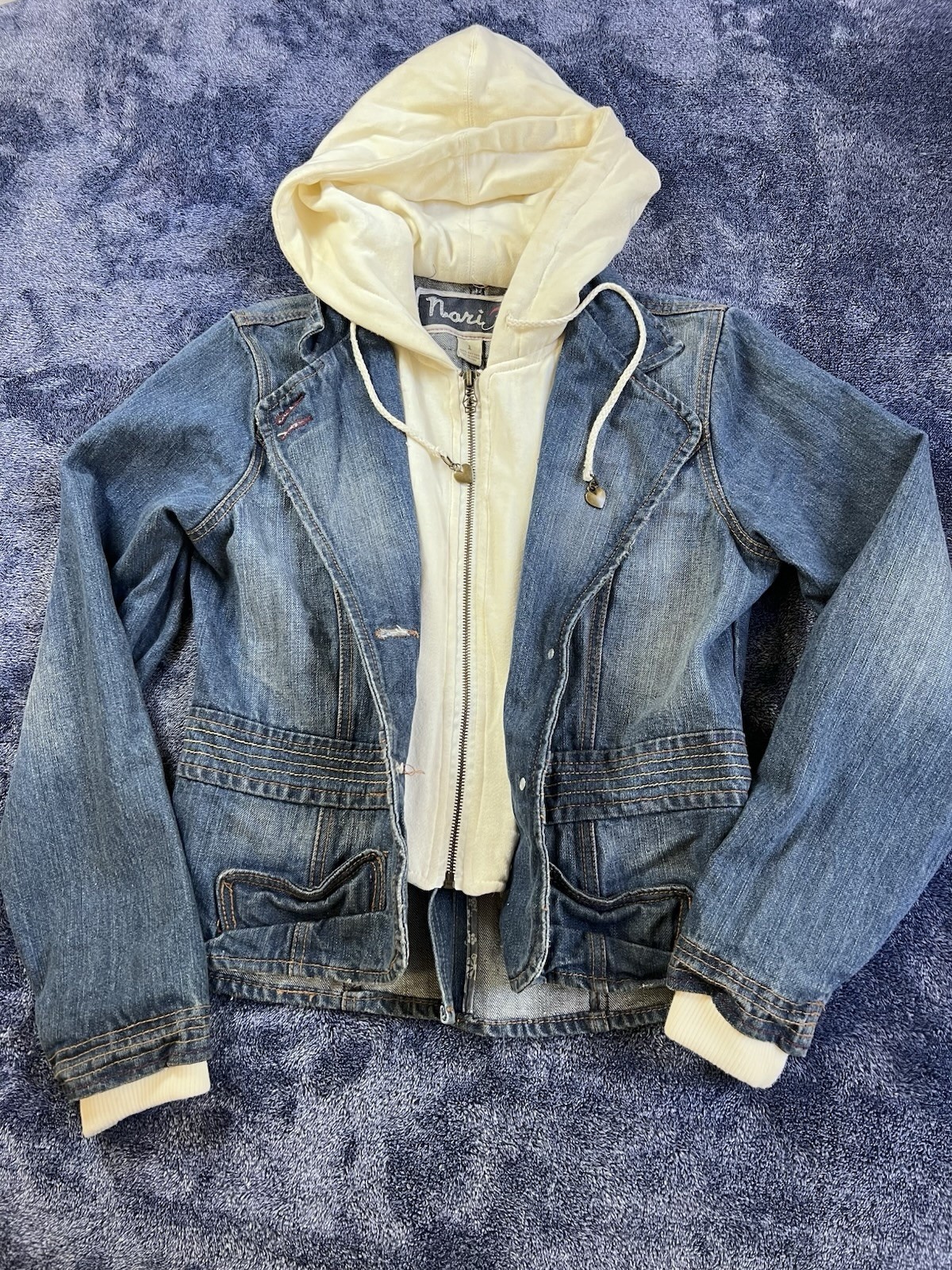 Vintage NORI Double Layered Jean Hoodie Jacket 100% Cotton Sz 1 Throwback Retro