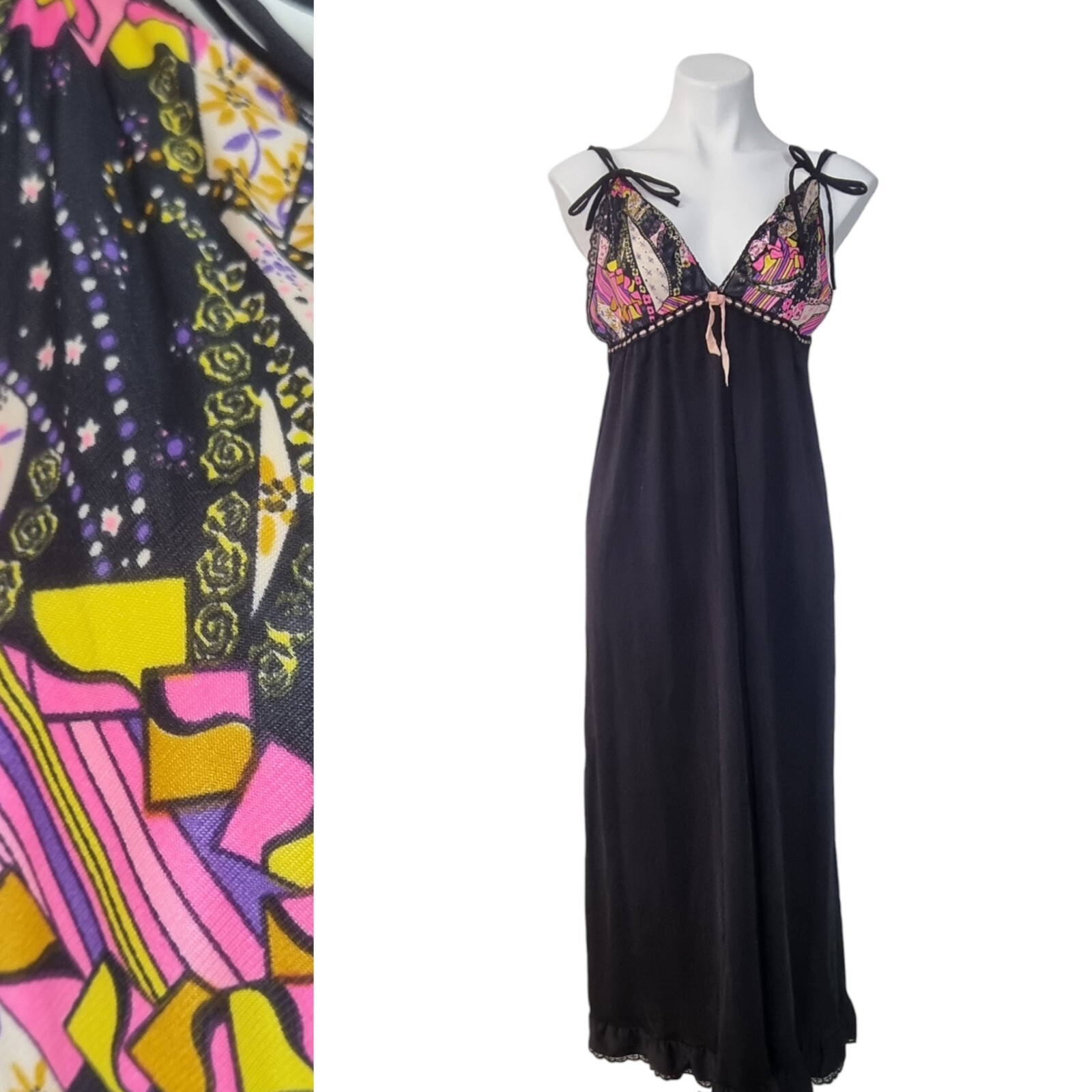 VTG 70s Avian Nightgown Maxi Slip Black Lingerie Groovy Hippie USA Nylon Sz M