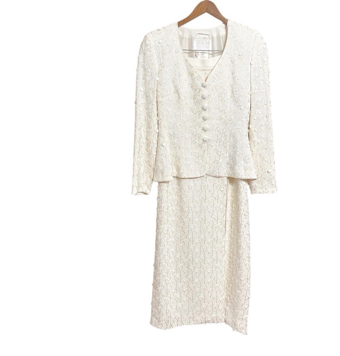 Escada Couture Vintage Elegant Silk Blend Formal Skirt Suit 6 Cream Maxi Wedding