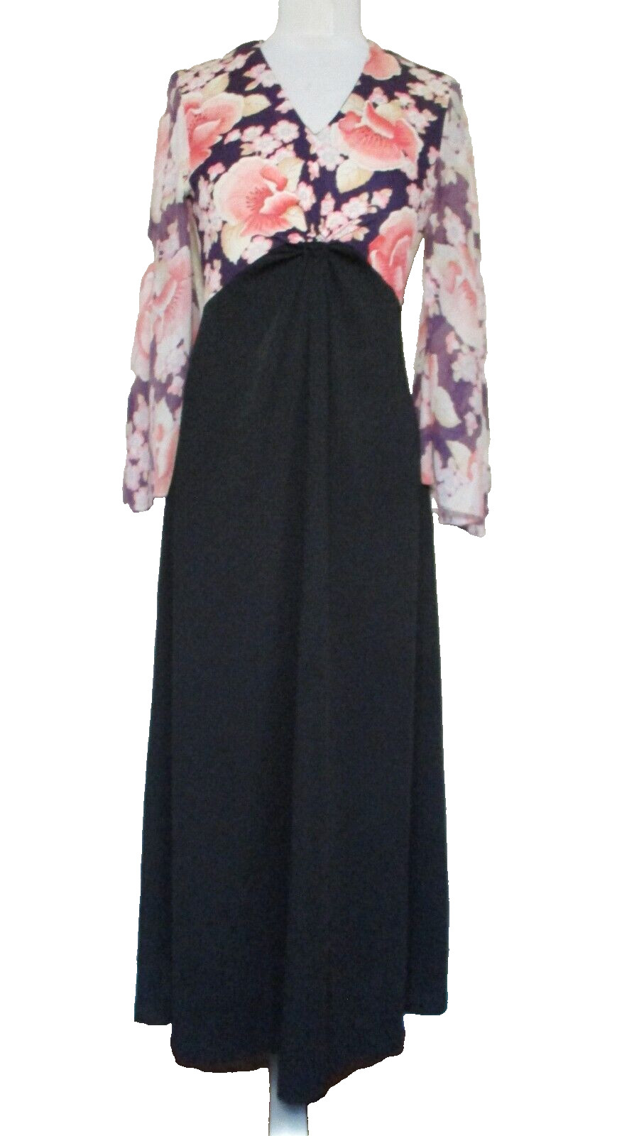Vtg 70s Celara Knits Maxi Dress S Women Black w/ Floral Print Top Bell Sleeve