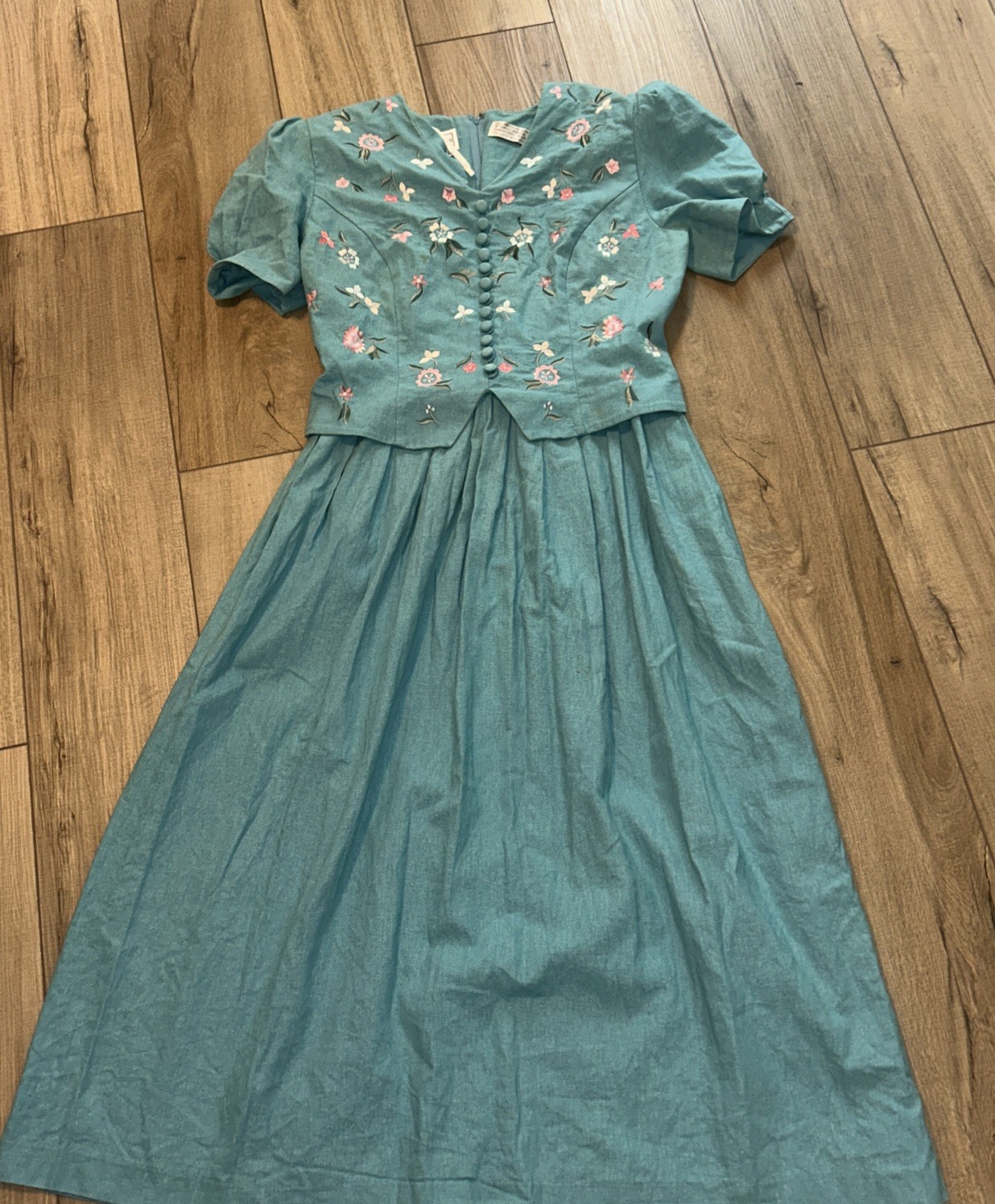 Vintage Linen Dress Prairie Cottage Country Embroidered Florals Teal 90’s 12(10)