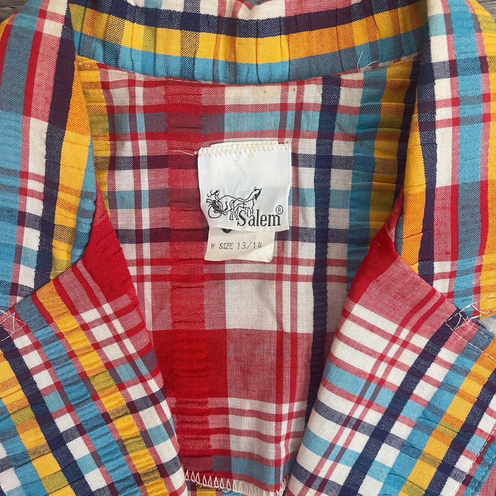 Vintage Retro 70s 80s Salem Red Teal Navy Yellow Plaid S/S Casual Top Sz 13/14
