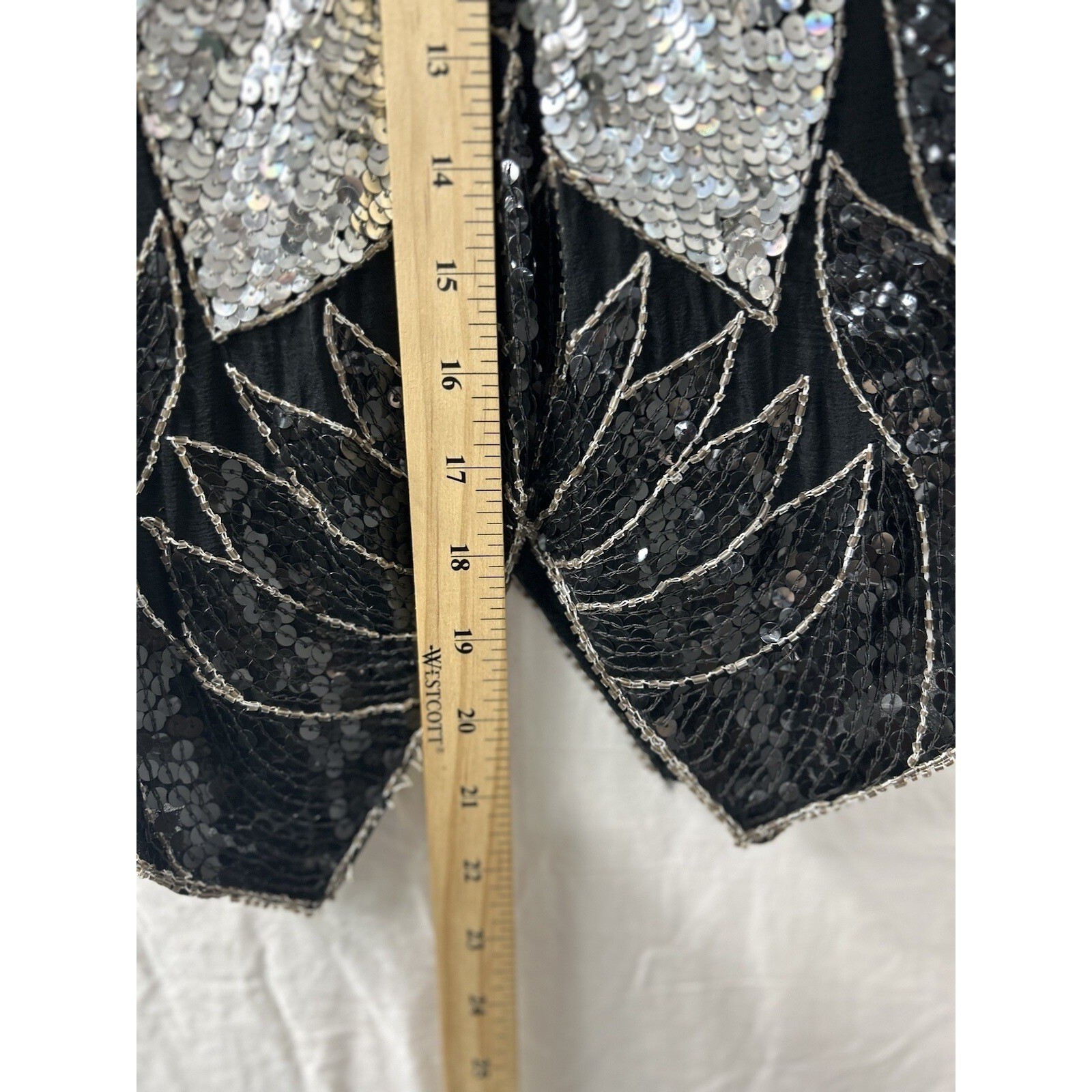 Vintage Butterfly Sequin Silk Top OS Black Silver Beaded Glam Art Deco Gatsby