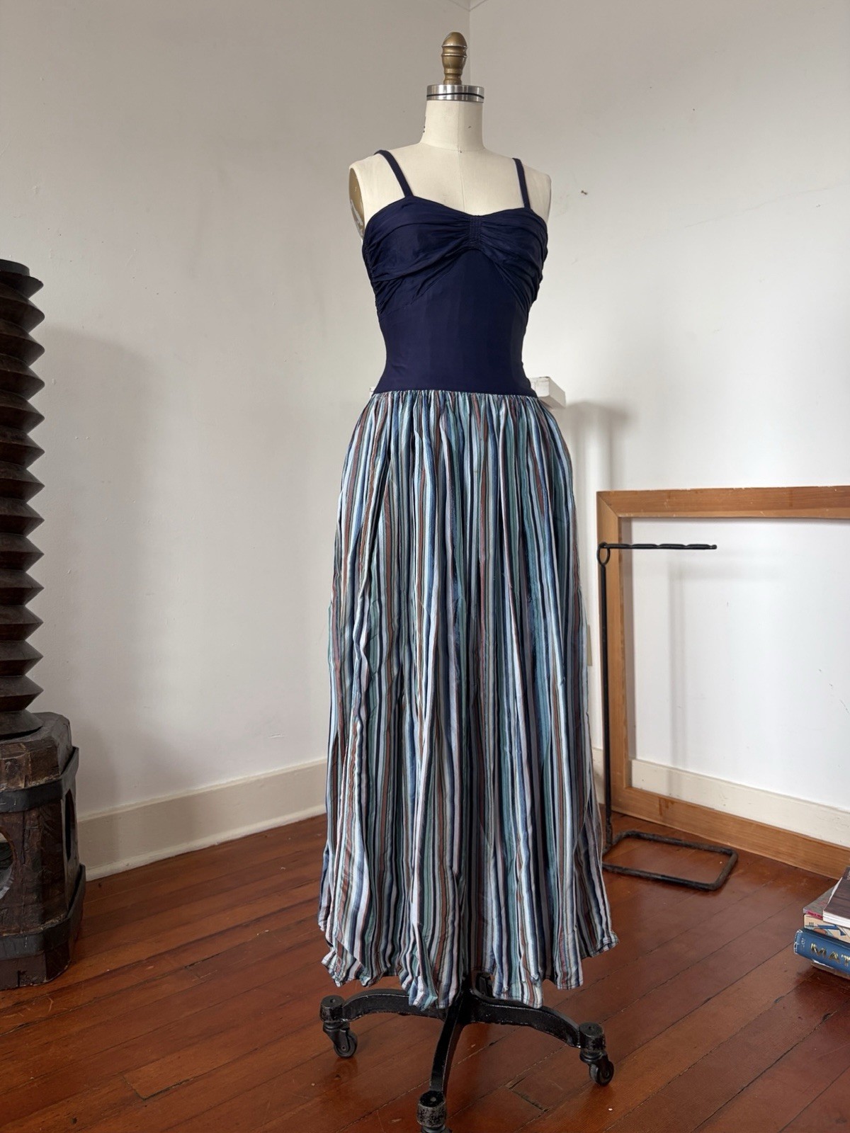 Vintage 40s Rayon Maxi Dress Ruched Bodice Colorful Striped Full Sweep Skirt XXS