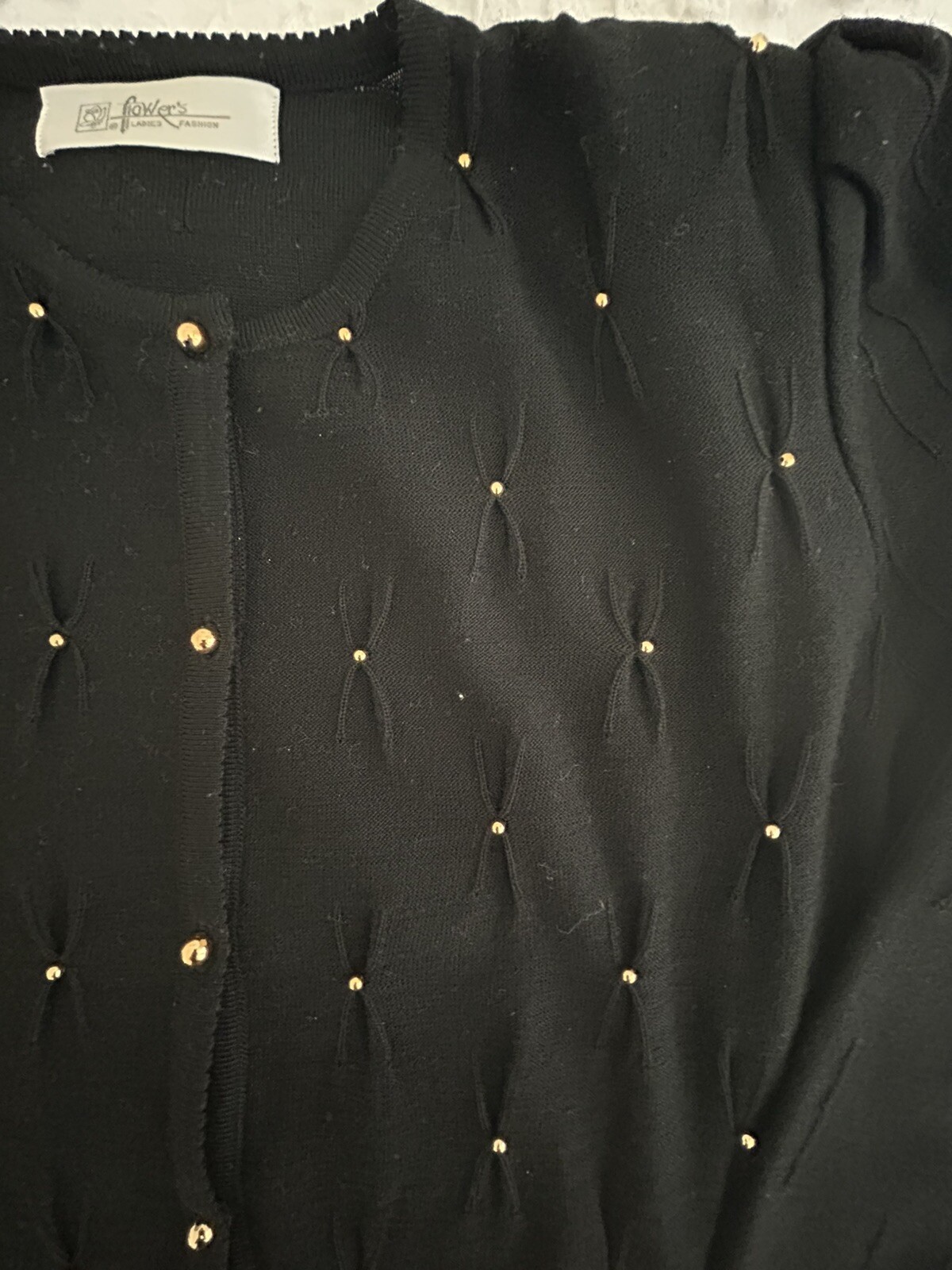 Vintage 1980’s Black Gold Button & Beads Cardigan Padded Shoulders Size Sm EUC