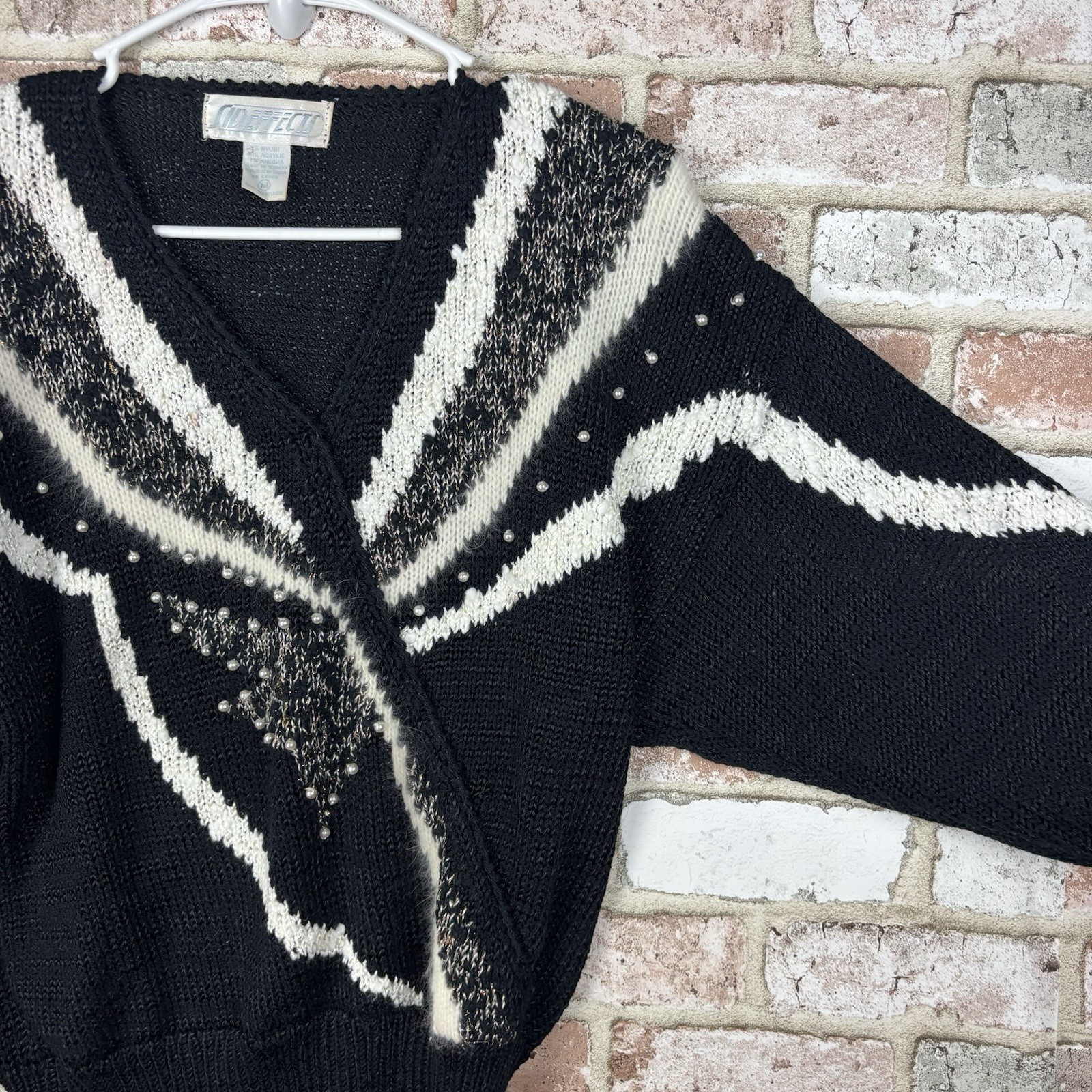 Vtg 80s Pearl Angora Blend V-Neck Sweater SIDE EFFECTS Women M Retro Glam