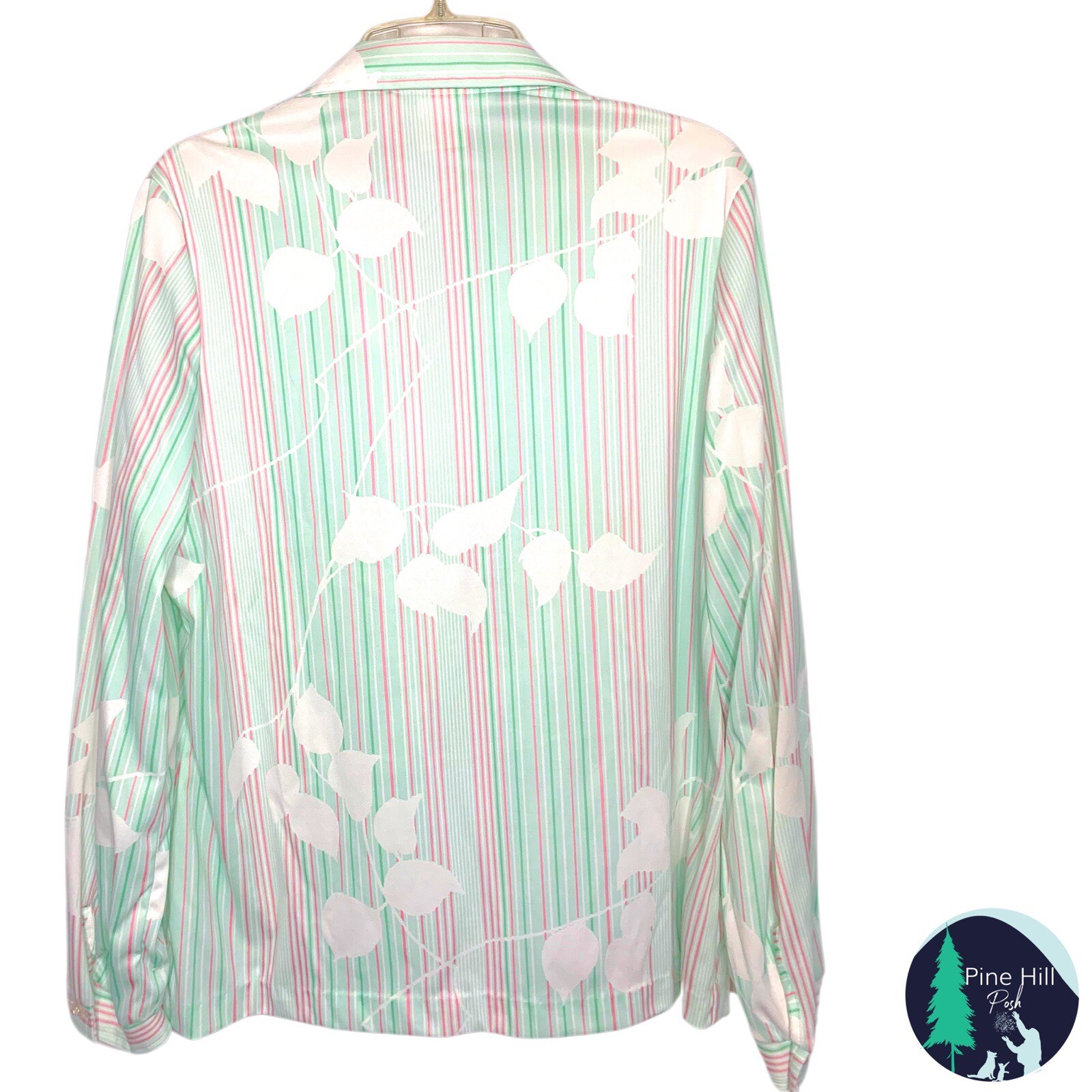 Vintage 70s Eccobay Shirt Large Pink Green Stripe Floral Button Up Disco Hippy