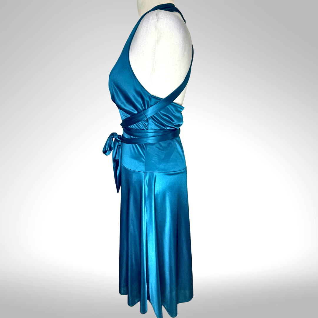 Blue Satin Halter Cocktail Dress Convertible Wrap Y2K Frederick’s Hollywood S/M