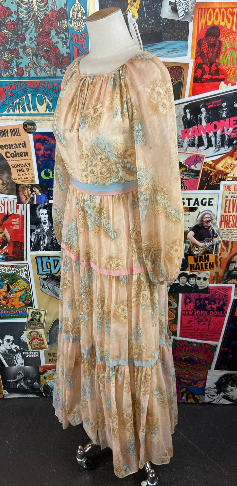 Vtg 70s Peach Pastel Ribbon Floral Spring Long Sheer Sleeve Maxi Dress Womens XS