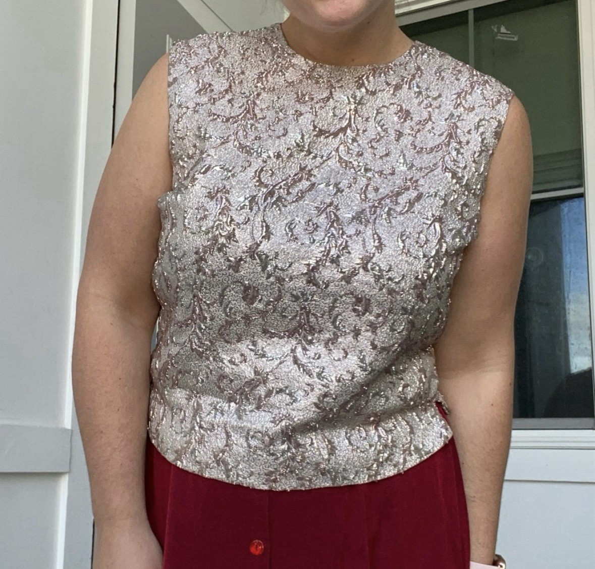 Vintage Malbe Original Rose Gold Metallic Brocade Sleeveless Top Size 15/16 (L)