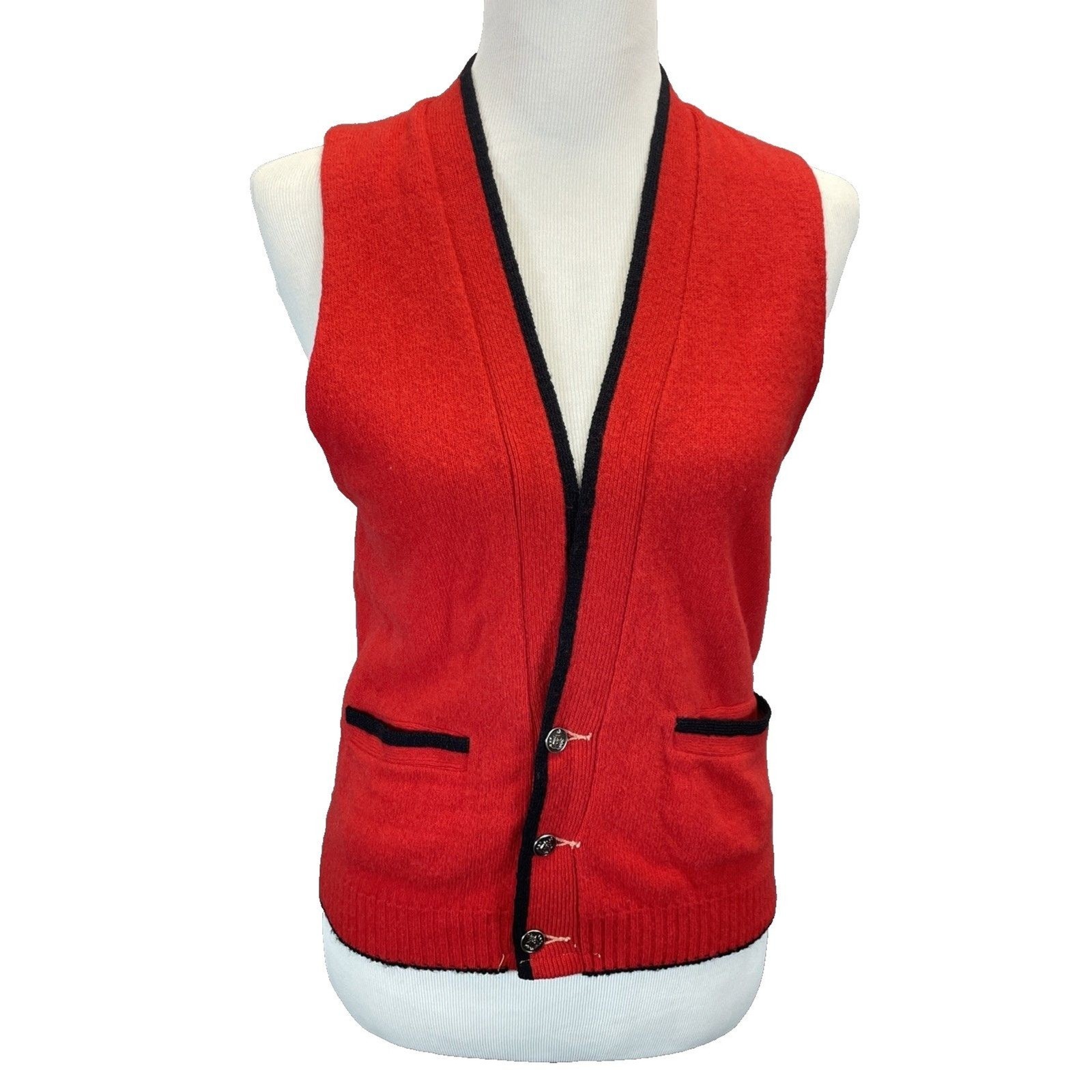 Vintage Australian Lamb’s Wool Women’s XS/SM Red Vest 32 in Bust Black Trim