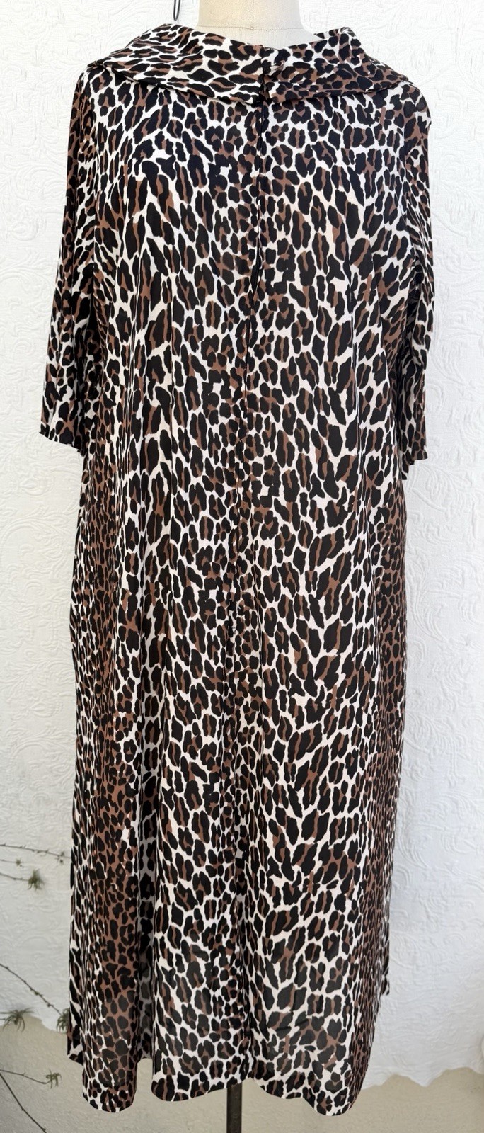 Vintage 60s Cheetah Midi Robe Leopard Funnel Collar A-line Zip Front Sz S/M