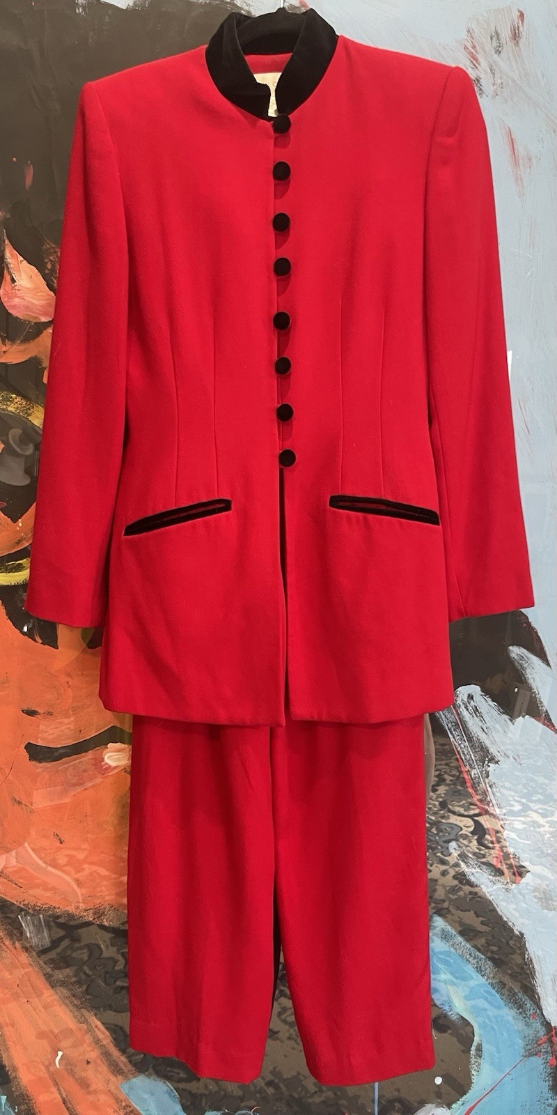 VTG Casual Corner Cotton Red With Velvet Trim Buttons Pant Suit Set Size 4