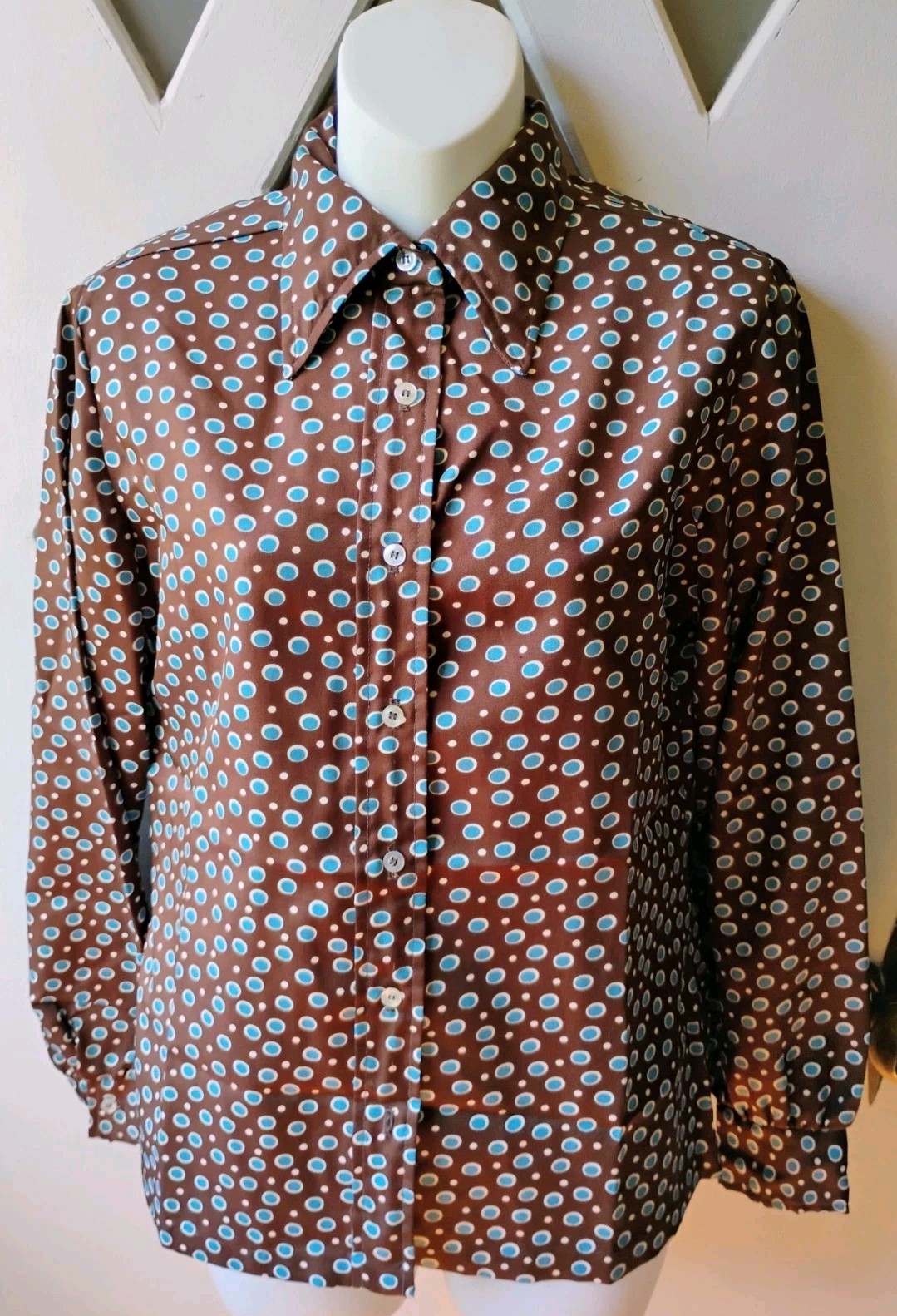 VTG 70’s „LUCKY WINNER” Brown & Blue Geometric Dagger Collar L/S Blouse 11/12