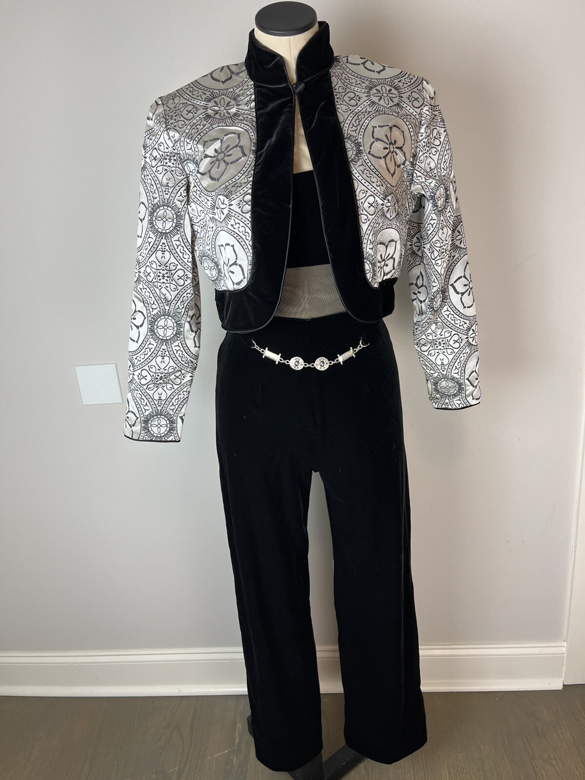Vintage Cache Velvet Jumpsuit Brocade Jacket Set 6 Black Silver Mesh Midriff
