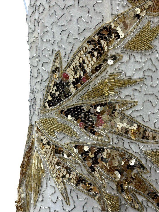 VTG NITE Lime 100% Silk Beaded 90s Showgirl Sequin Beige Gold Dress Size 8