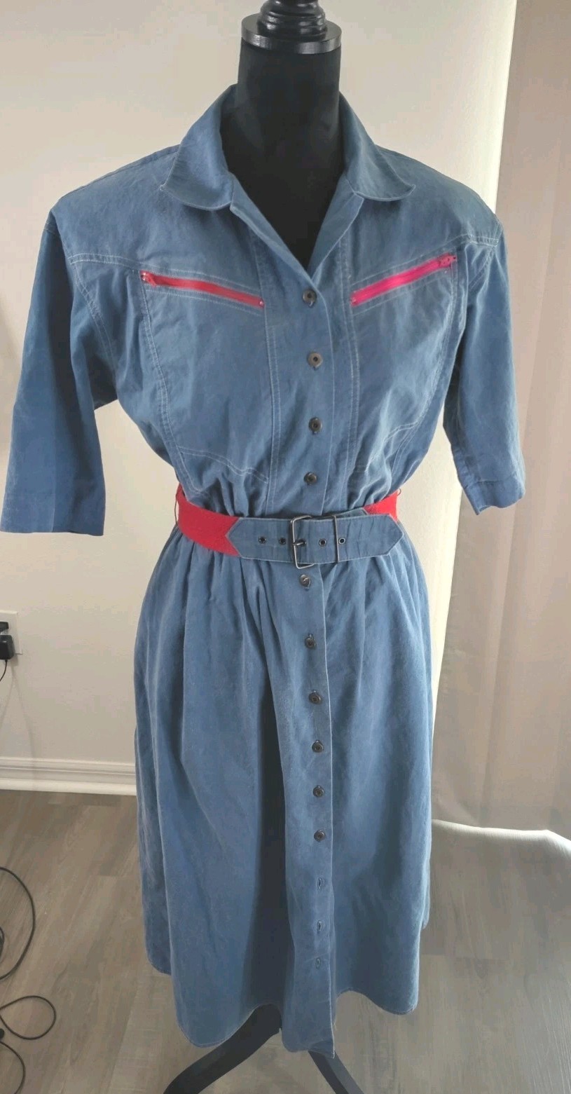 Vtg 80s California Design Dorothy Samuel Denim Shirtdress Midi Red Zip Belt M