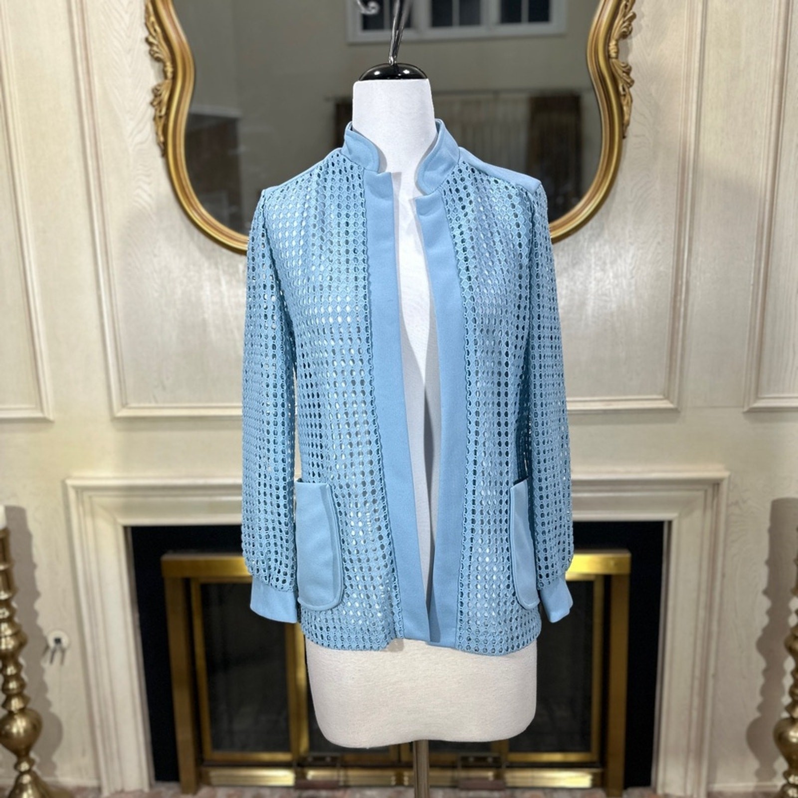 VTG Sears Blue Open Weave Cardigan Jacket M L 14 Grannycore 70s Mod Church