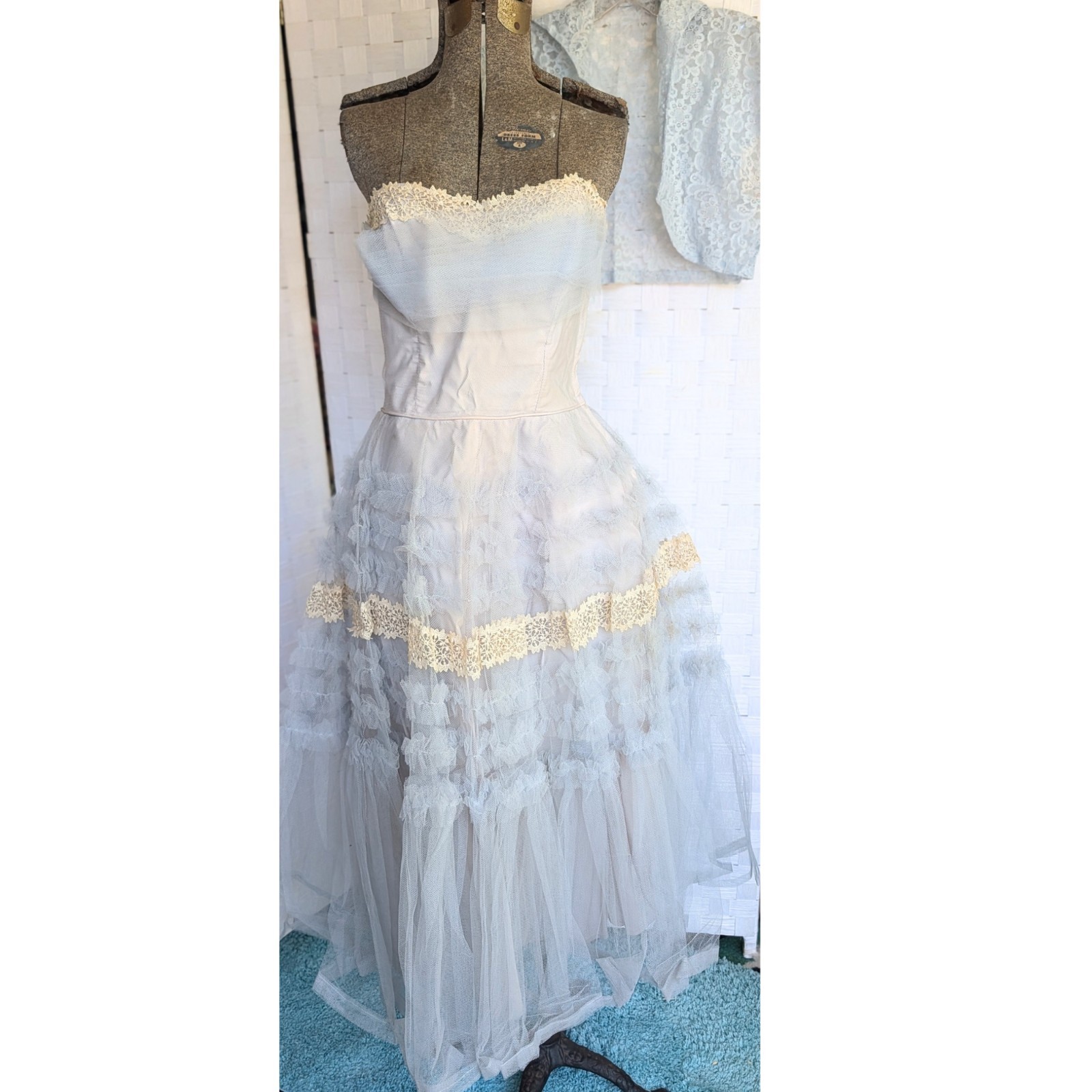 1950s Prom Dress W Lace Bolero Pale Blue Ruffles Fit And Flare