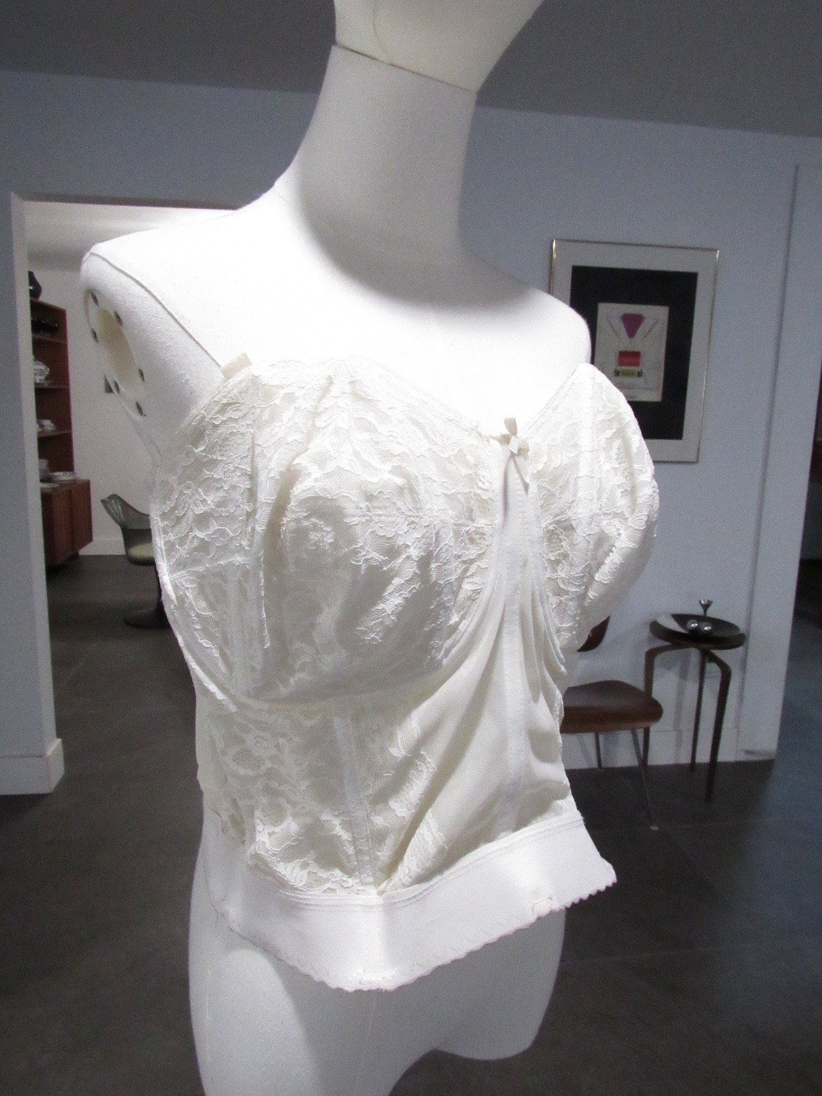 40s 50s vtg Goddess Bustier Longline dress Bra top 42DD White LACE goth lolita L
