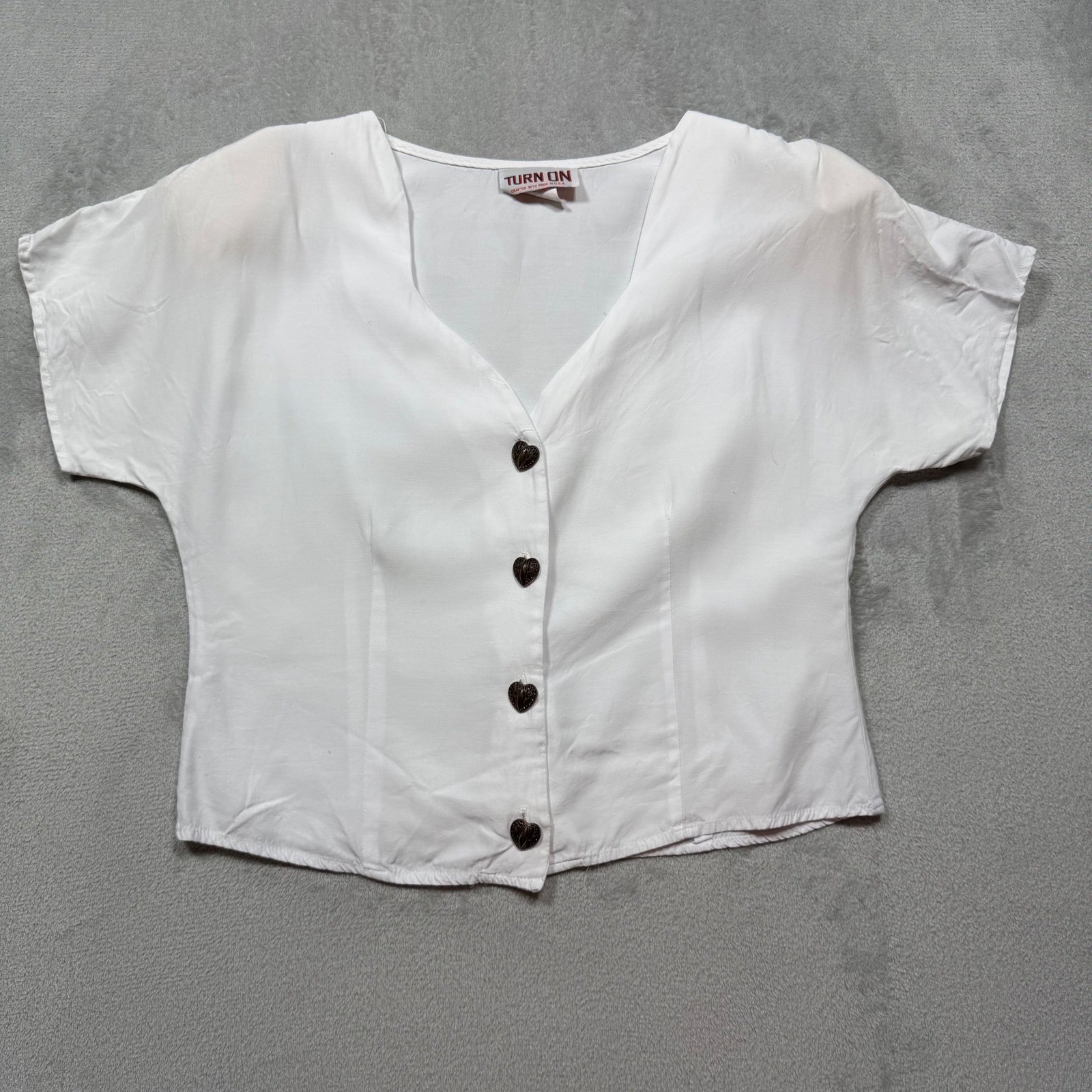 Vintage 90s White Rayon Blend Heart Button Crop Top Blouse Large Boxy Light Boho