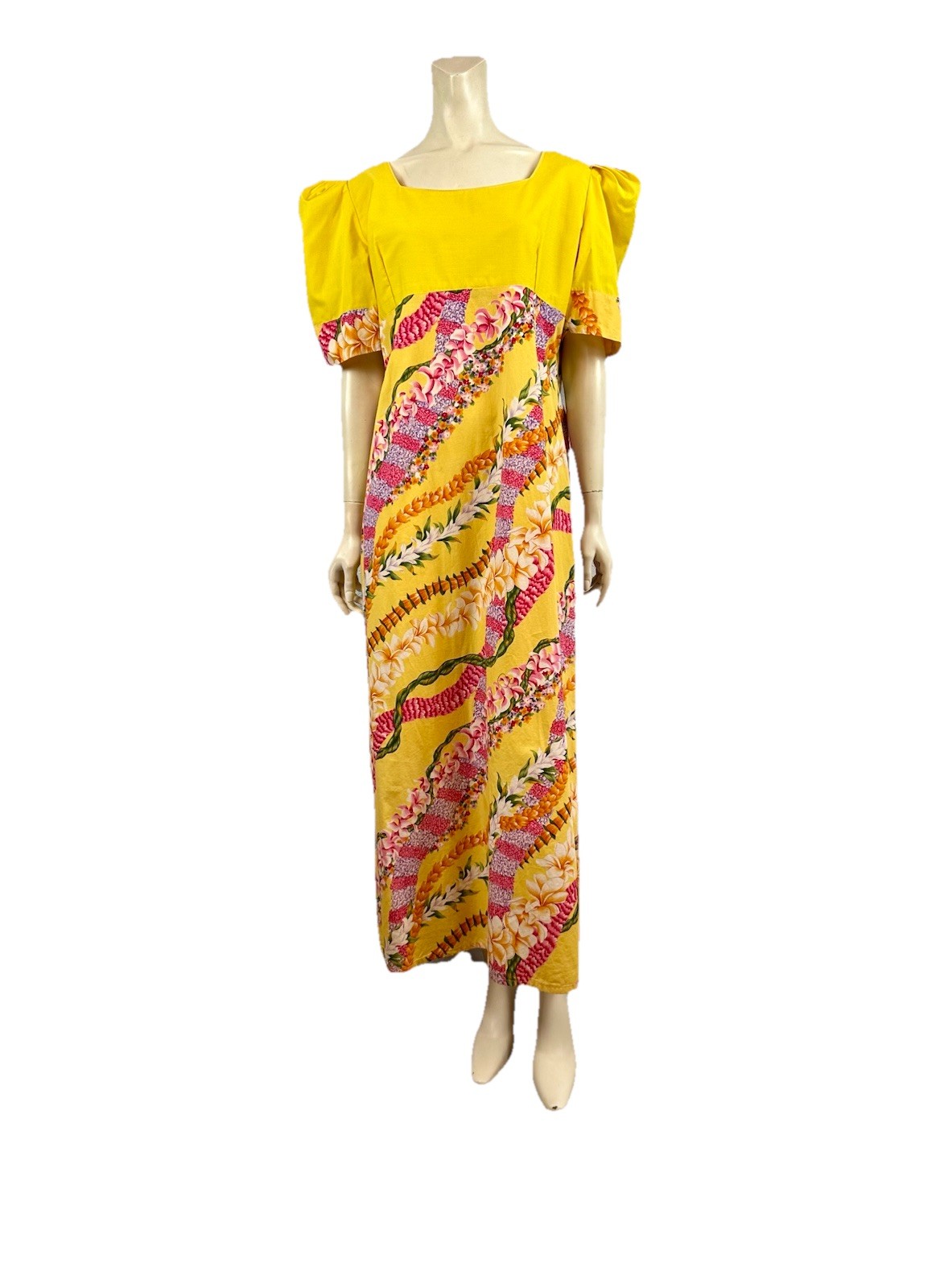 Yellow Hawaiian Floral Maxi Dress, Empire Waist, No Label, Size Large