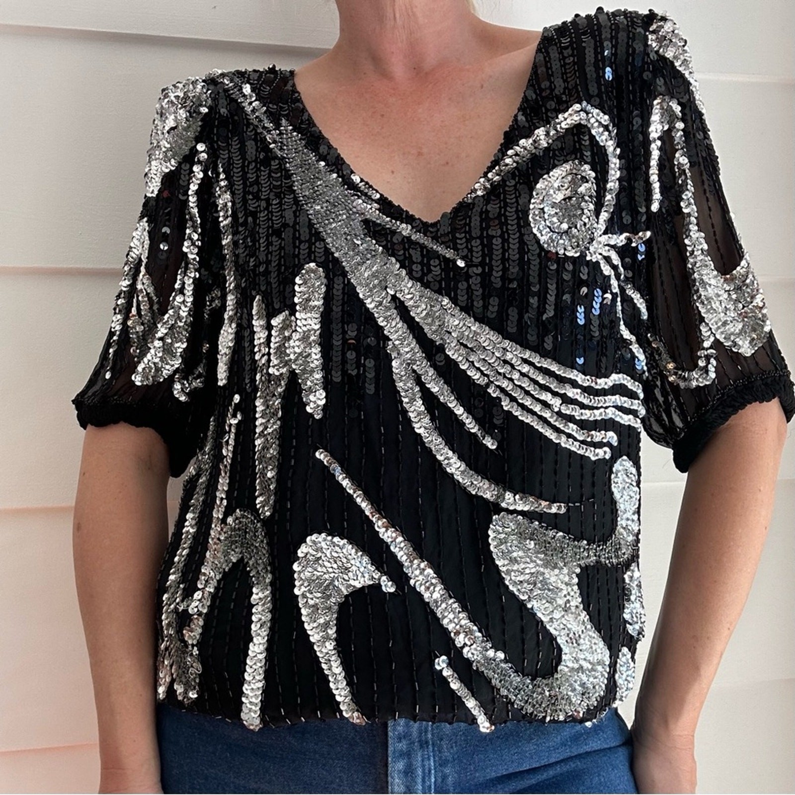 Vintage Oleg Cassini Silk Sequin and Beaded Blouse Holiday Party Festive Glam